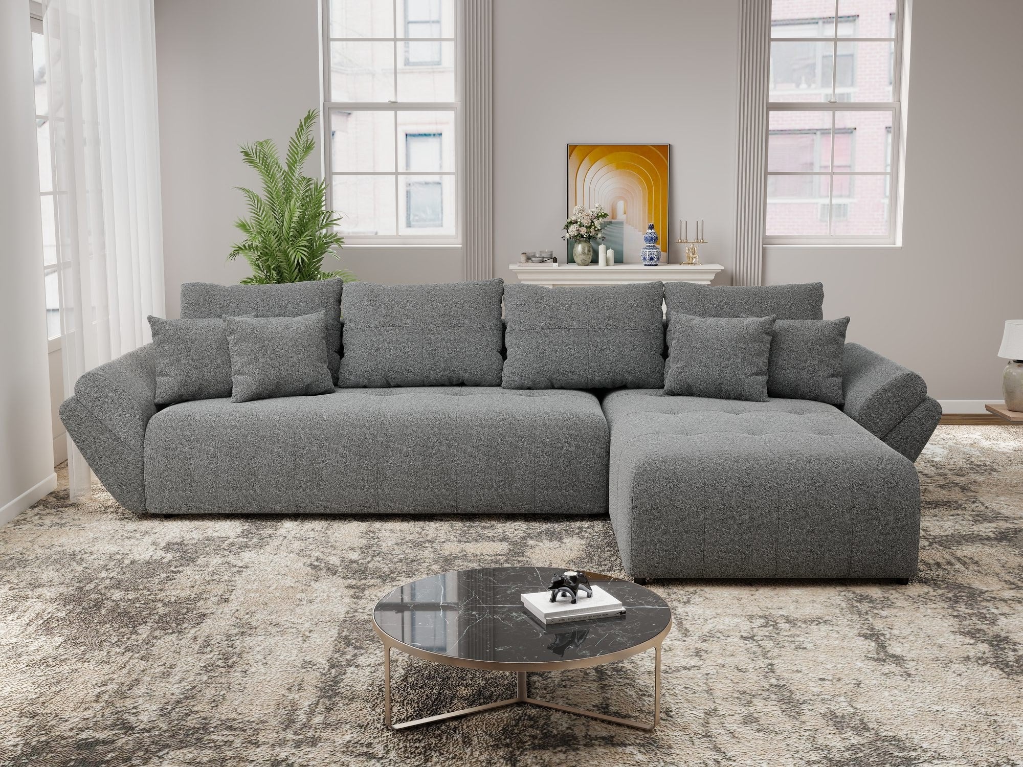 Colțar extensibil dumonde cu ladă de depozitare si sezut confortabil din spuma high-density, Berlin XL Monte Gri 90 II 350x185 cm