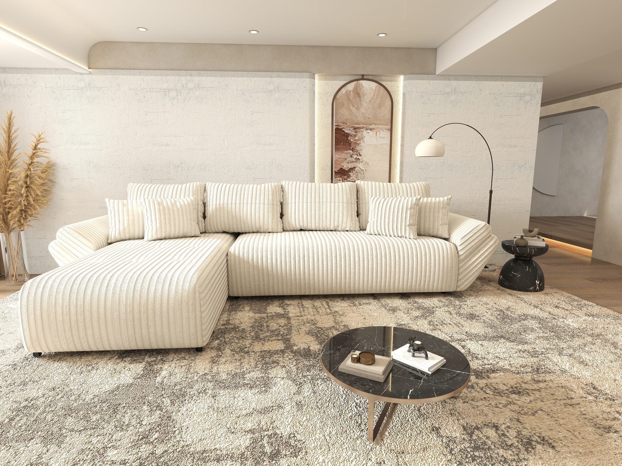 Colțar extensibil dumonde cu ladă de depozitare si sezut confortabil din spuma high-density, Berlin XL Tilia Bej 01 350x185 cm