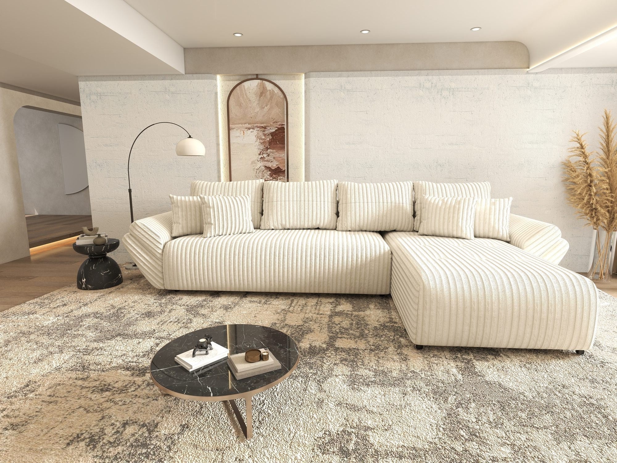 Colțar extensibil dumonde cu ladă de depozitare si sezut confortabil din spuma high-density, Berlin XL Tilia Bej 01 II 350x185 cm