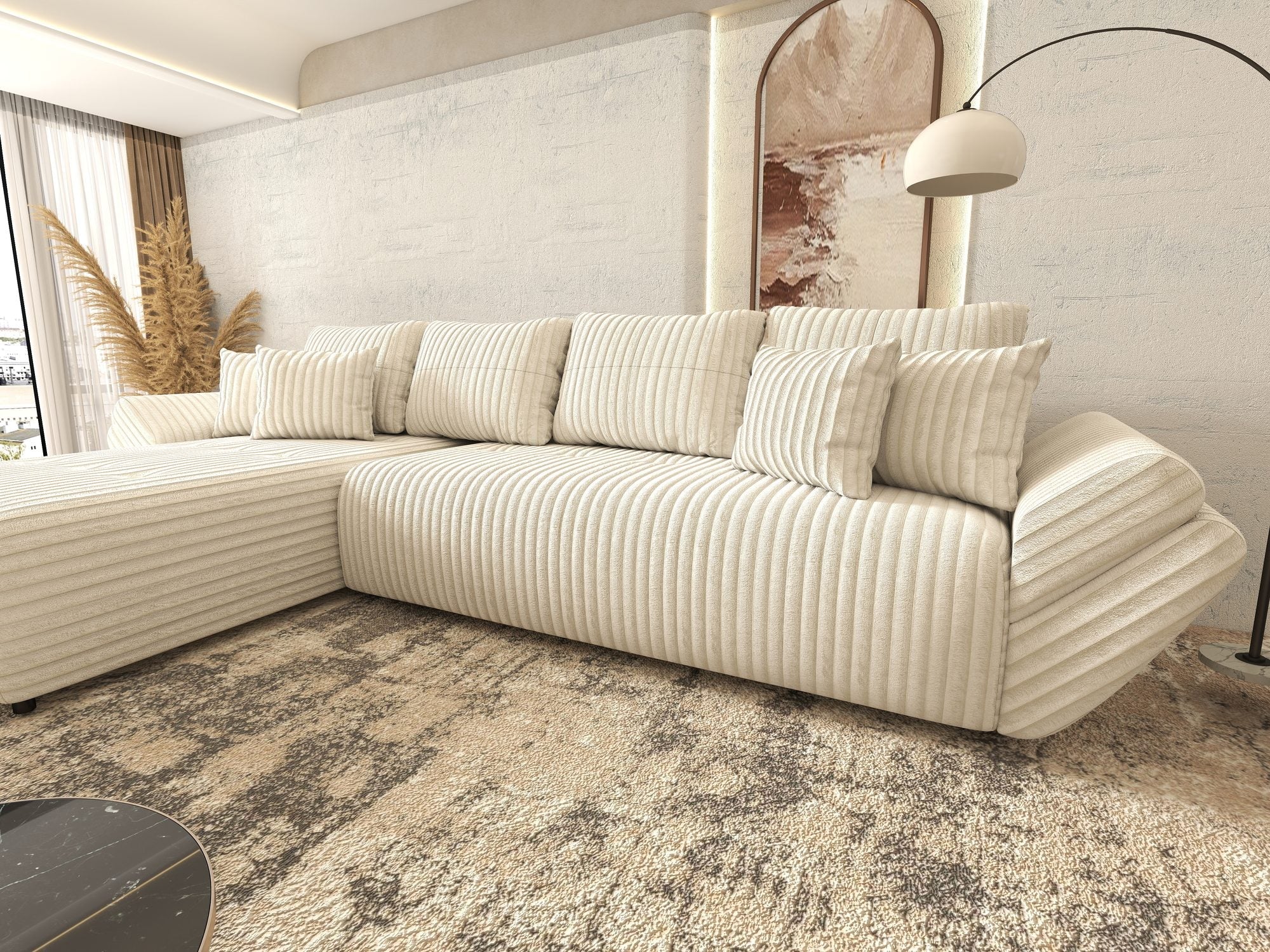 Colțar extensibil dumonde cu ladă de depozitare si sezut confortabil din spuma high-density, Berlin XL Tilia Bej 01 350x185 cm