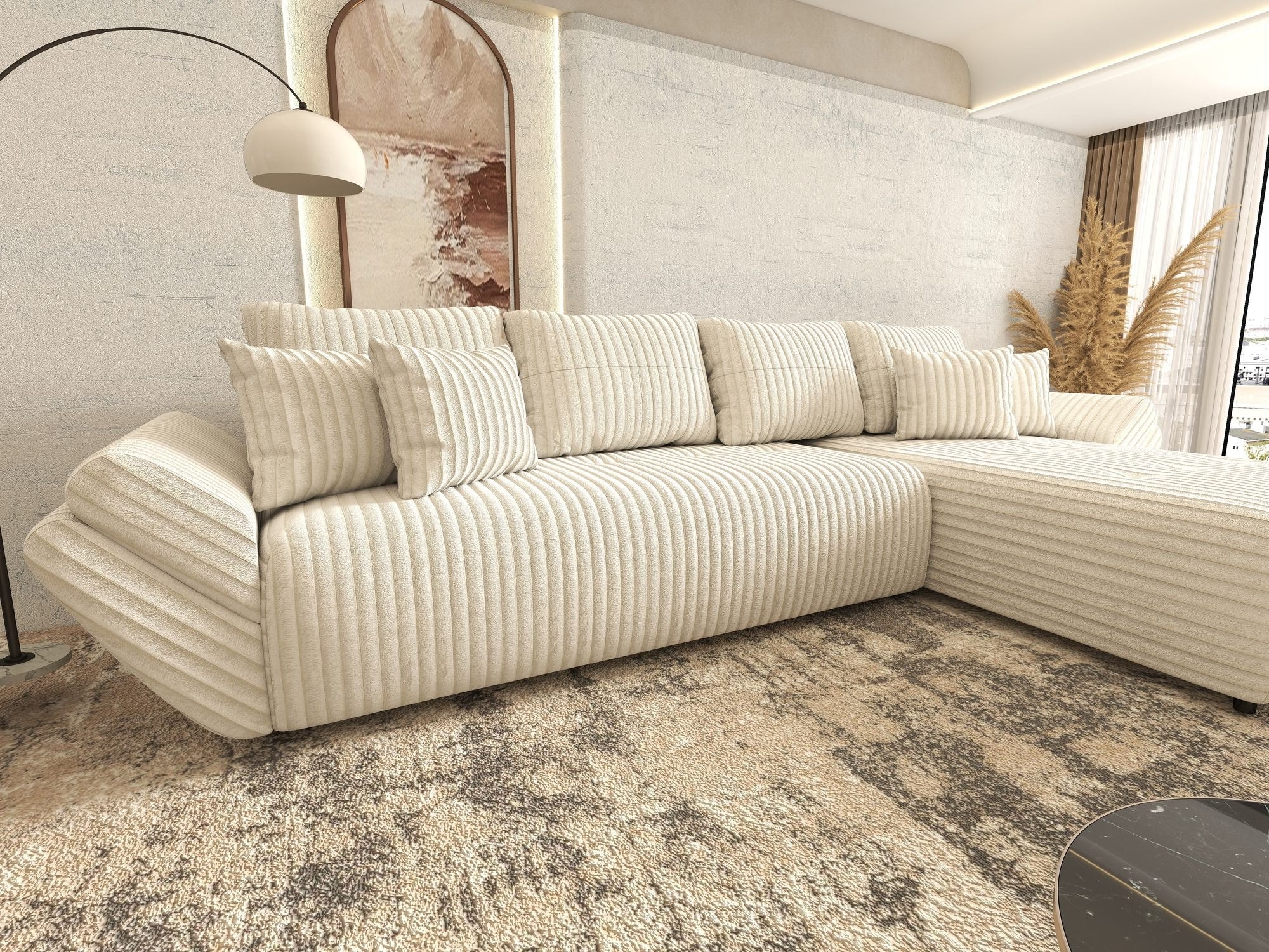 Colțar extensibil dumonde cu ladă de depozitare si sezut confortabil din spuma high-density, Berlin XL Tilia Bej 01 II 350x185 cm