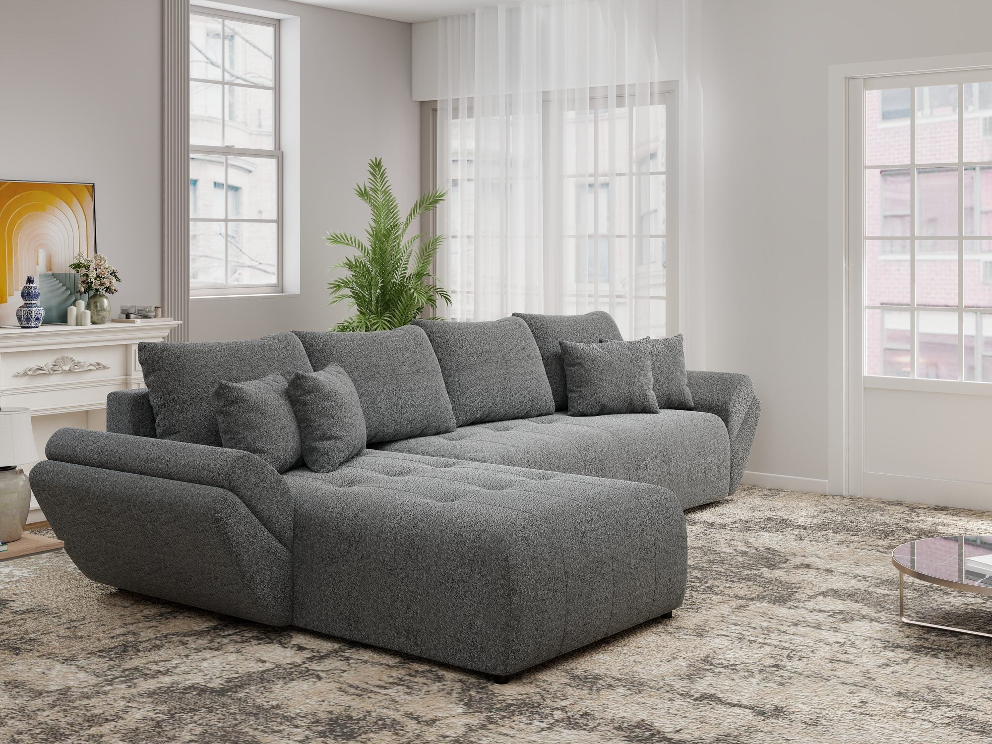 Colțar extensibil dumonde cu ladă de depozitare si sezut confortabil din spuma high-density, Berlin XL Monte Gri 90 350x185 cm