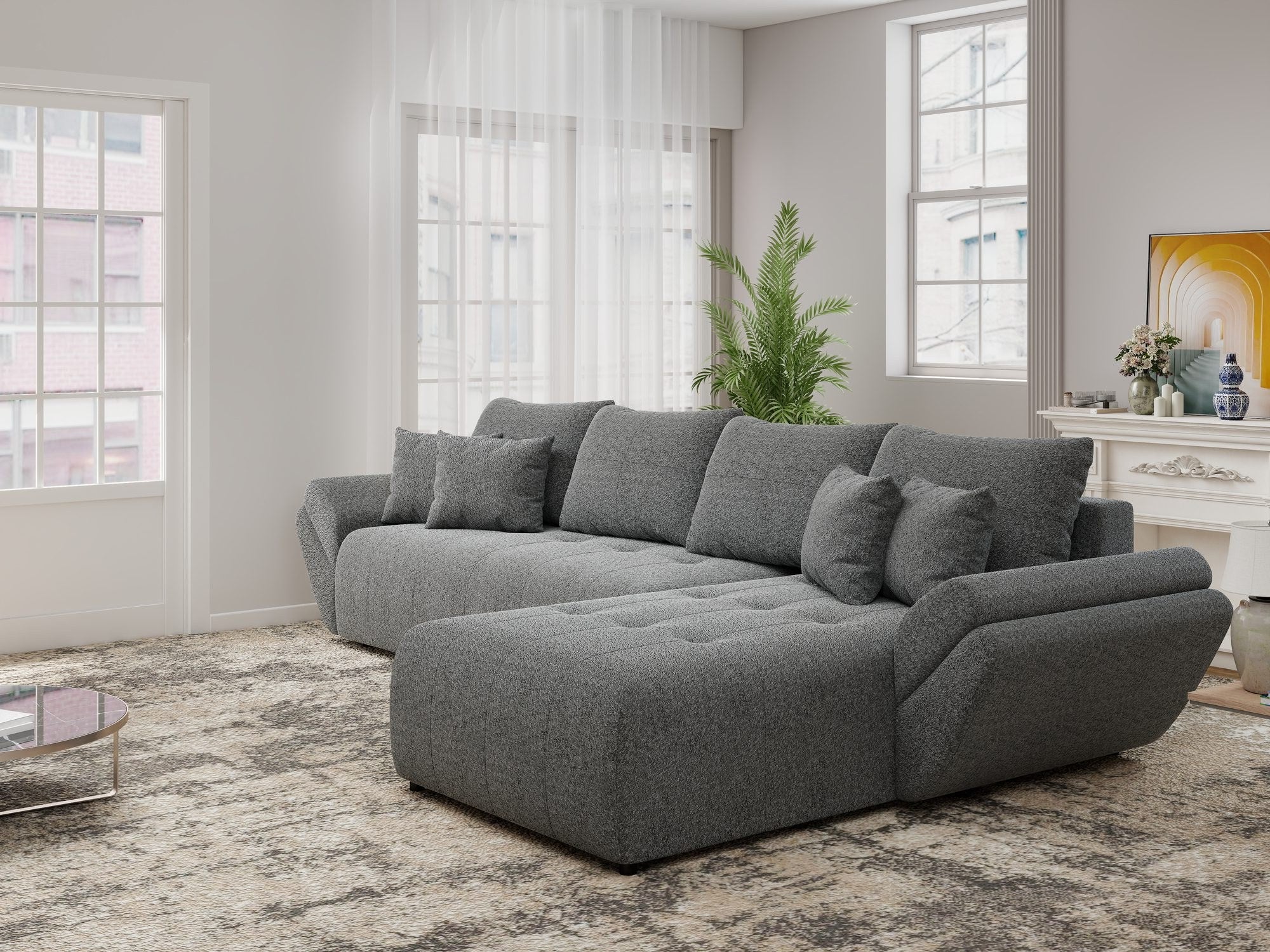 Colțar extensibil dumonde cu ladă de depozitare si sezut confortabil din spuma high-density, Berlin XL Monte Gri 90 II 350x185 cm