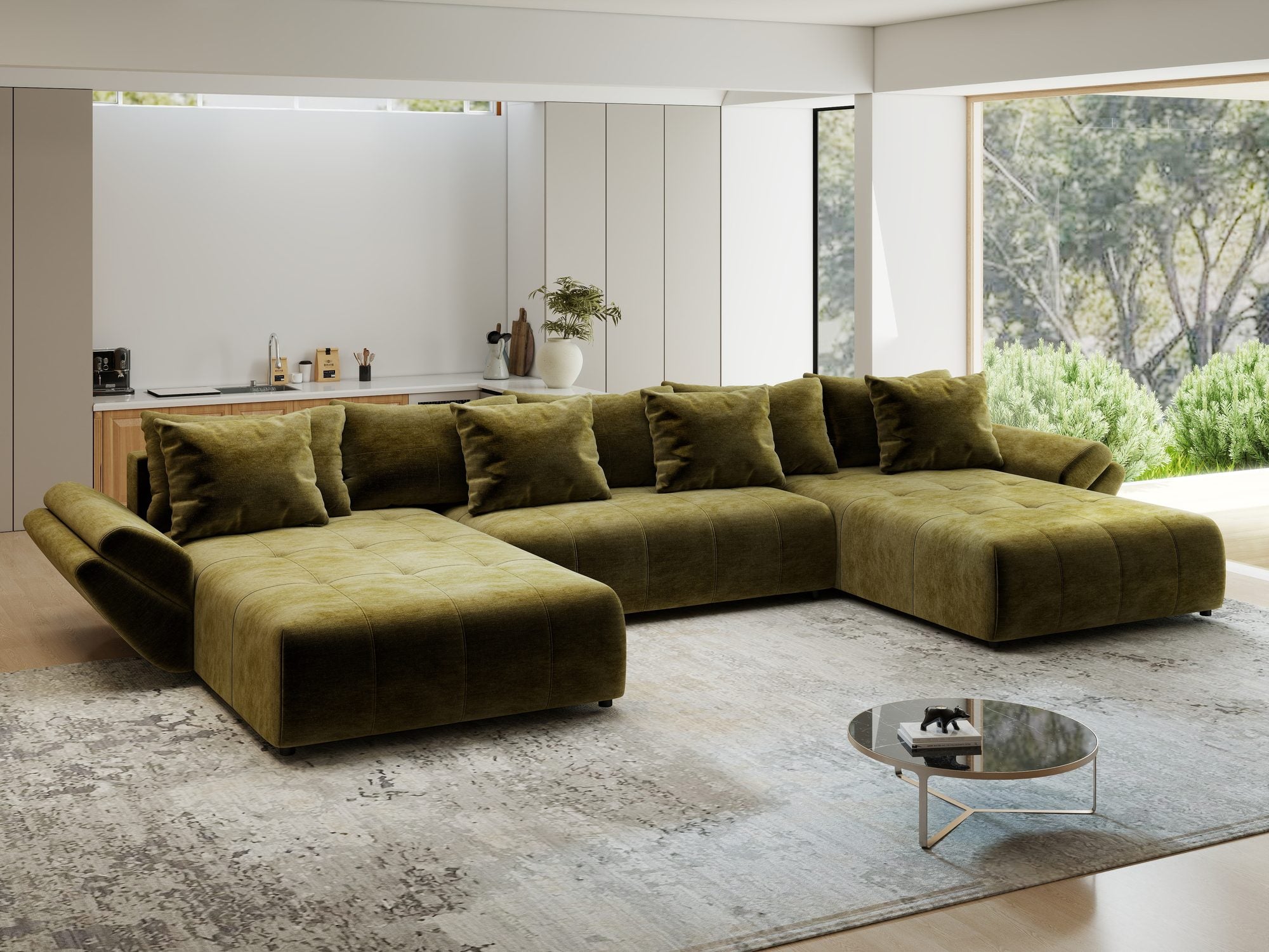 Colțar extensibil dumonde cu ladă de depozitare si sezut confortabil din spuma high-density, Berlin U Monolith Verde Olive 38 380x180 cm