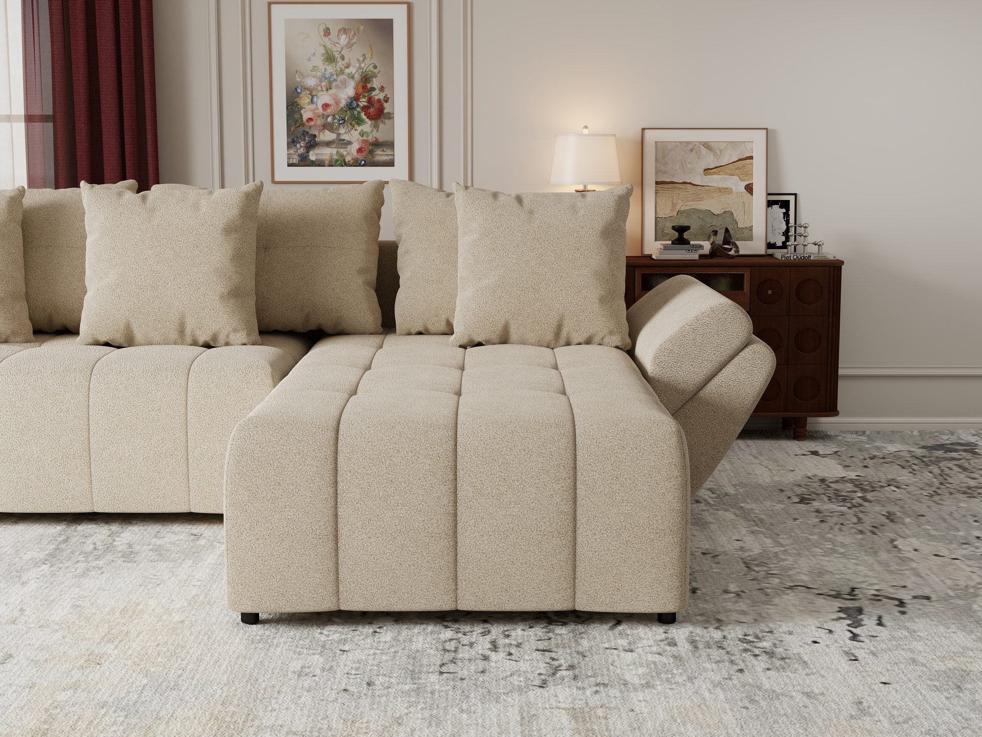 Colțar extensibil dumonde cu ladă de depozitare si sezut confortabil din spuma high-density, Berlin Quelle Bej 05 II 280x185 cm