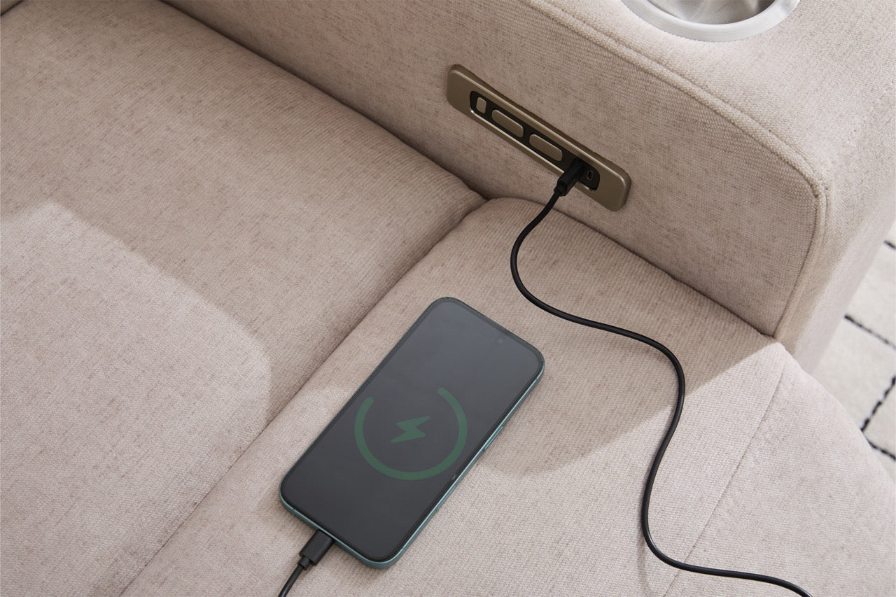 3 személyes kanapé 2 elektromos relax funkcióval, asztallal, USB-C-vel, pohártartóval, olvasólámpával, LED világítással, Torven 216x96cm