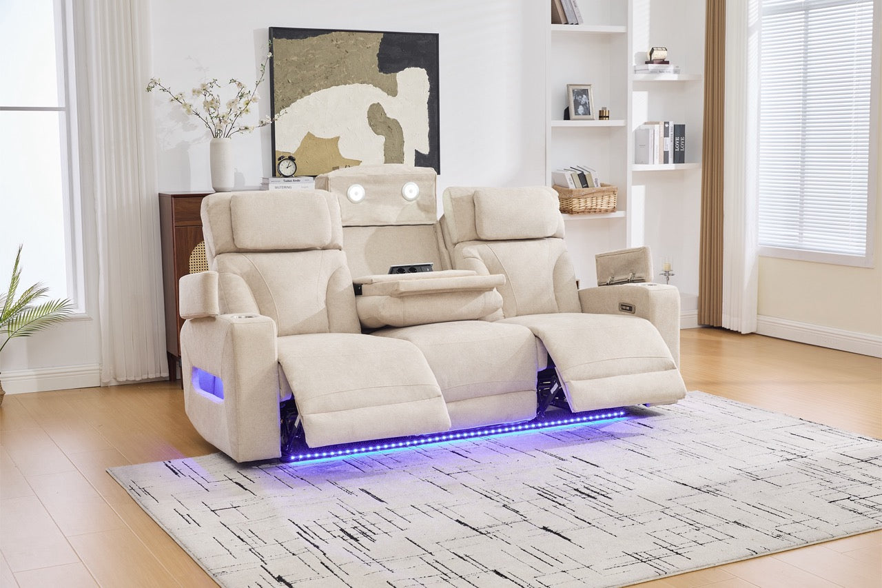 3 személyes kanapé 2 elektromos relax funkcióval, asztallal, USB-C-vel, pohártartóval, olvasólámpával, LED világítással, Torven 216x96cm