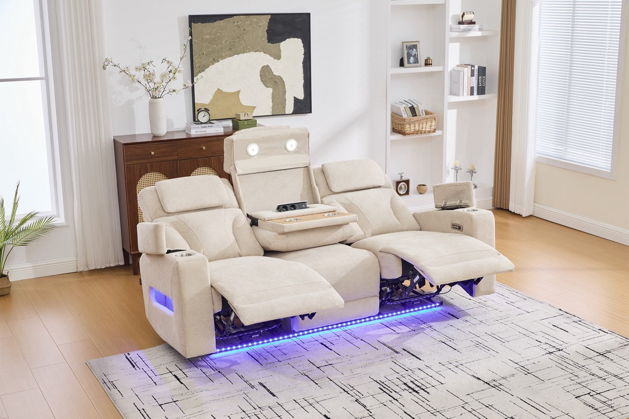 3 személyes kanapé 2 elektromos relax funkcióval, asztallal, USB-C-vel, pohártartóval, olvasólámpával, LED világítással, Torven 216x96cm