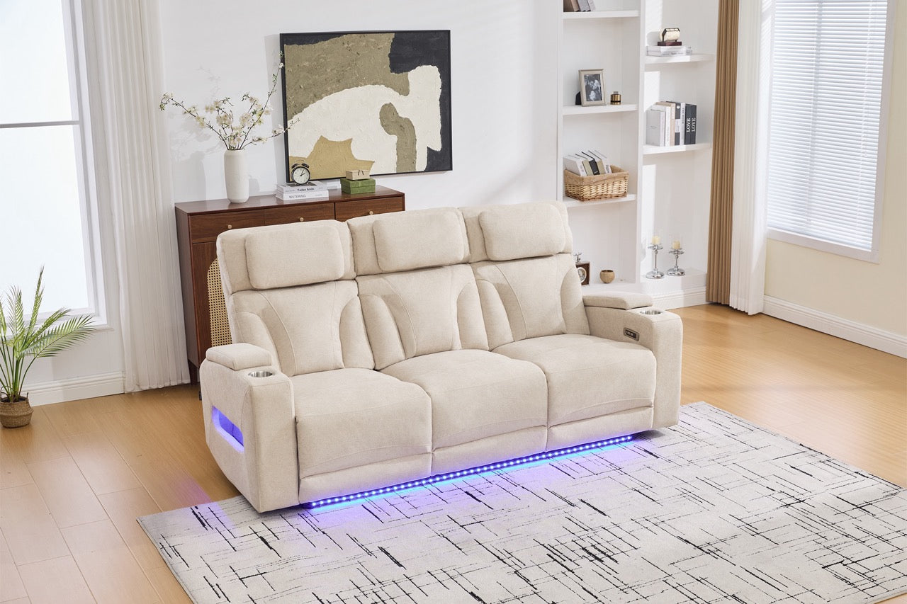 3 személyes kanapé 2 elektromos relax funkcióval, asztallal, USB-C-vel, pohártartóval, olvasólámpával, LED világítással, Torven 216x96cm