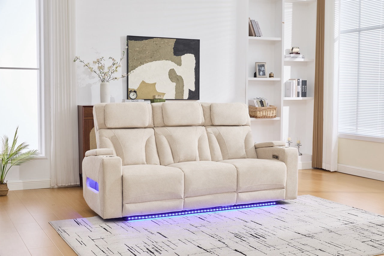 3 személyes kanapé 2 elektromos relax funkcióval, asztallal, USB-C-vel, pohártartóval, olvasólámpával, LED világítással, Torven 216x96cm
