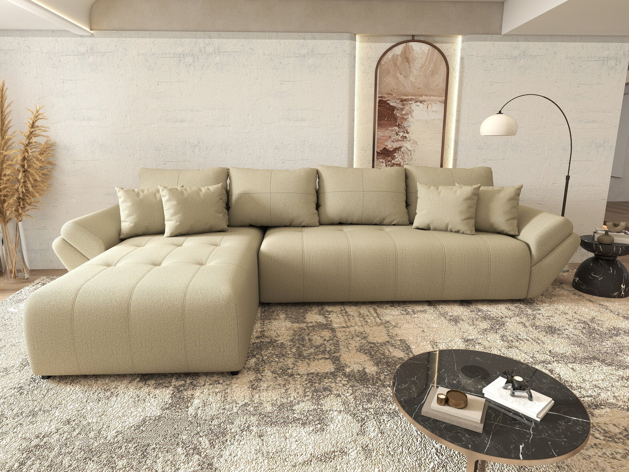 Colțar extensibil dumonde cu ladă de depozitare si sezut confortabil din spuma high-density, Berlin XL Enjoy Camel 350x185 cm
