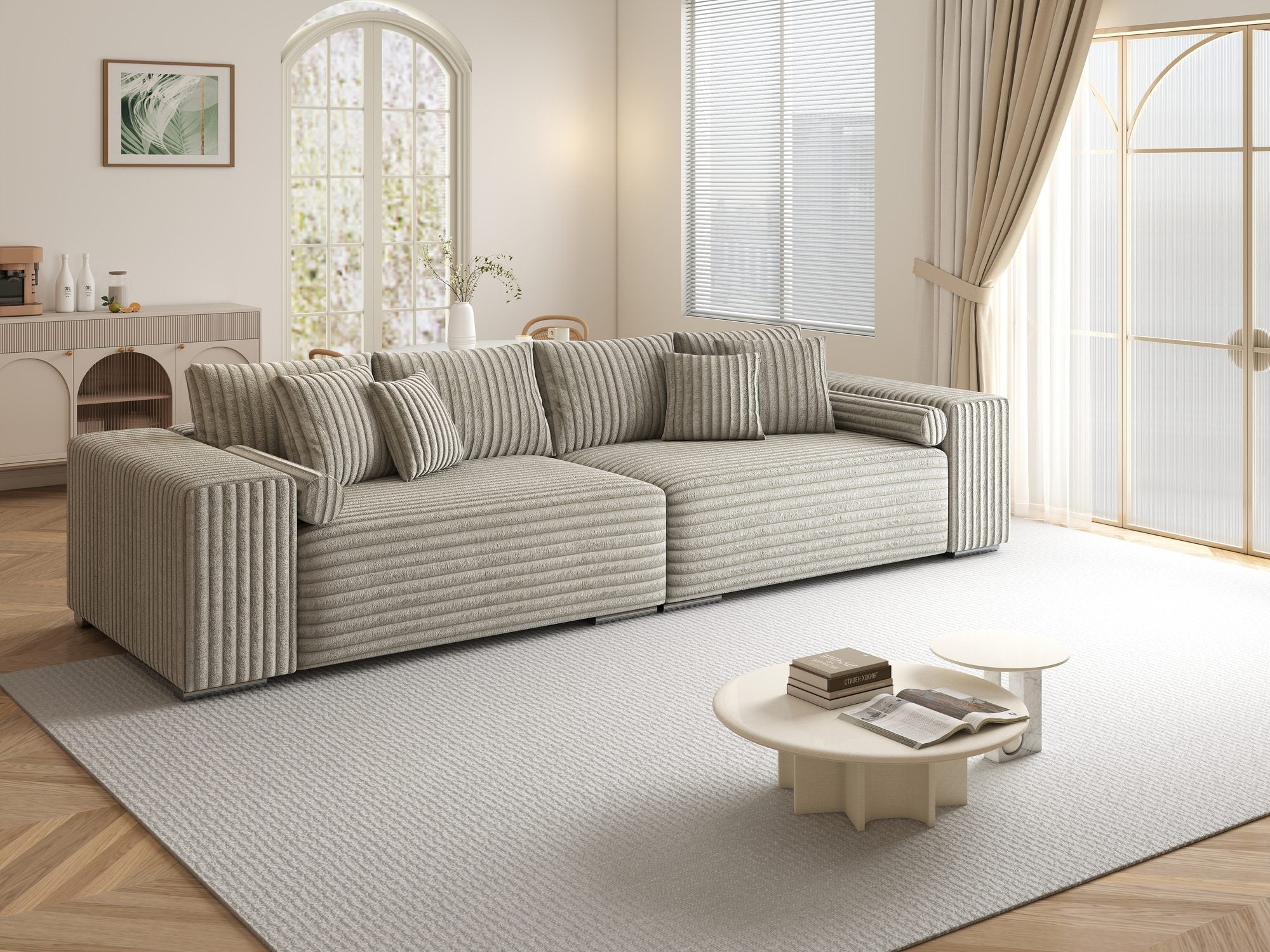 Canapea extensibilă dumonde cu ladă de depozitare si sezut confortabil din spuma high-density, Marbela XXL Tilia Gri- Bej 11 290x100 cm