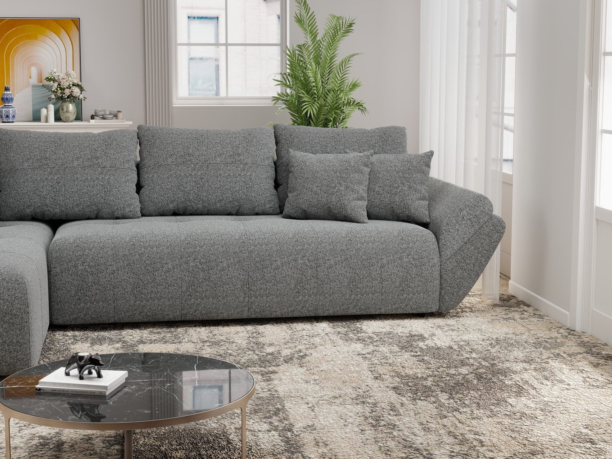 Colțar extensibil dumonde cu ladă de depozitare si sezut confortabil din spuma high-density, Berlin XL Monte Gri 90 350x185 cm