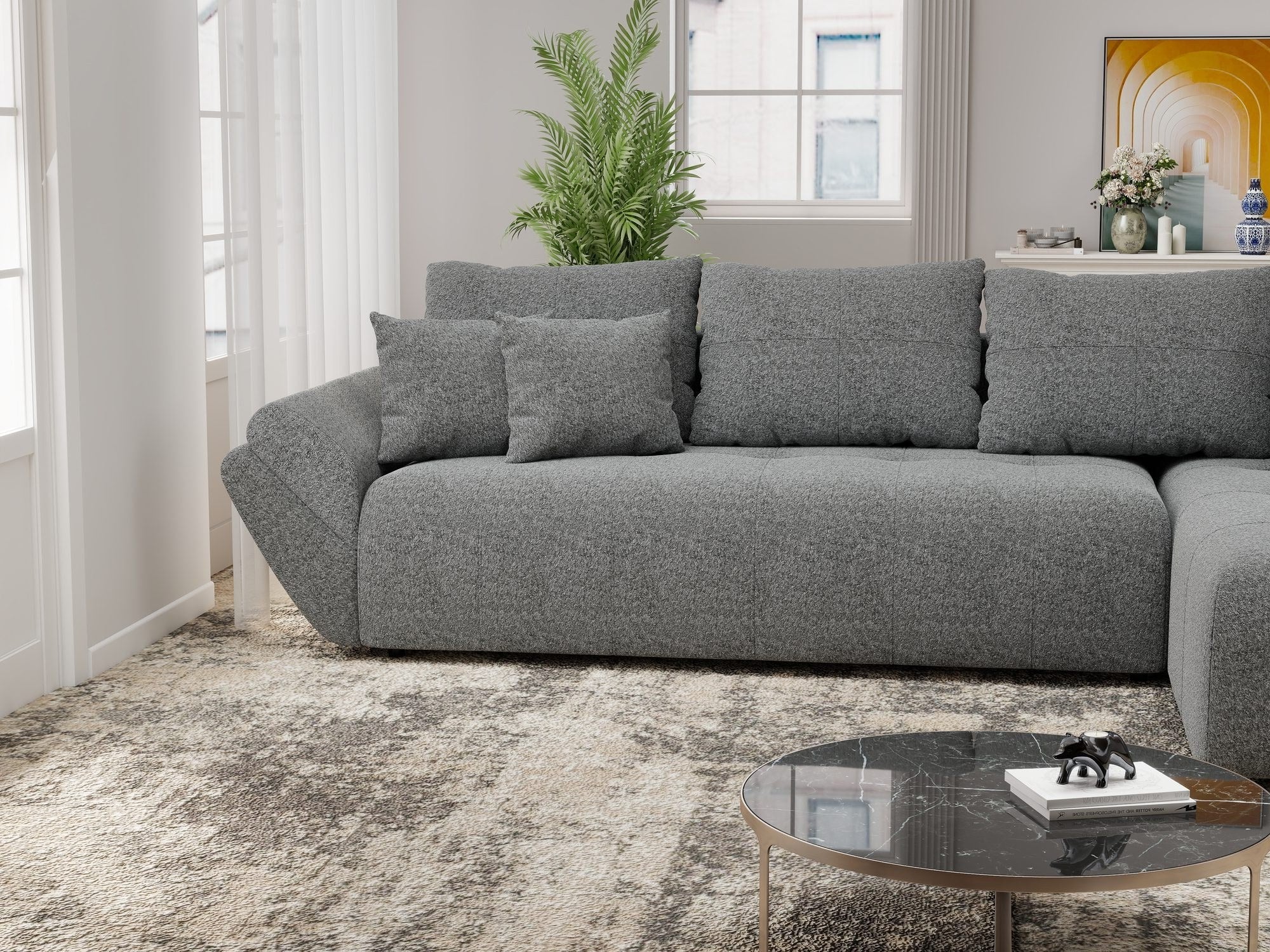 Colțar extensibil dumonde cu ladă de depozitare si sezut confortabil din spuma high-density, Berlin XL Monte Gri 90 II 350x185 cm