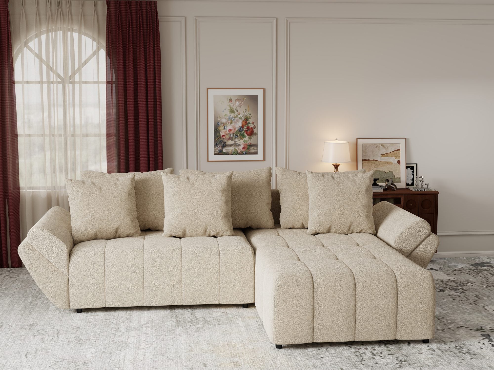 Colțar extensibil dumonde cu ladă de depozitare si sezut confortabil din spuma high-density, Berlin Quelle Bej 05 II 280x185 cm