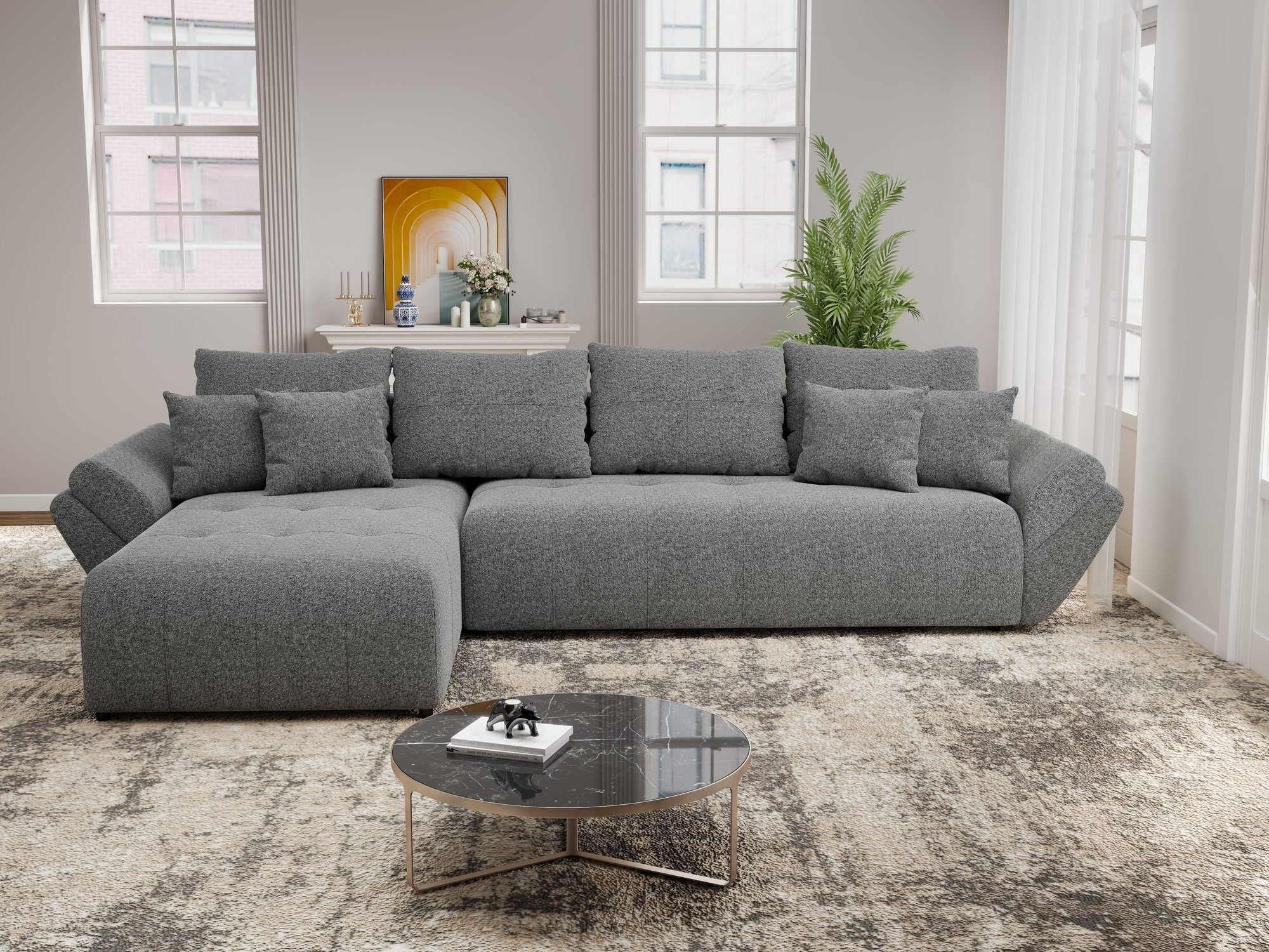 Colțar extensibil dumonde cu ladă de depozitare si sezut confortabil din spuma high-density, Berlin XL Monte Gri 90 350x185 cm