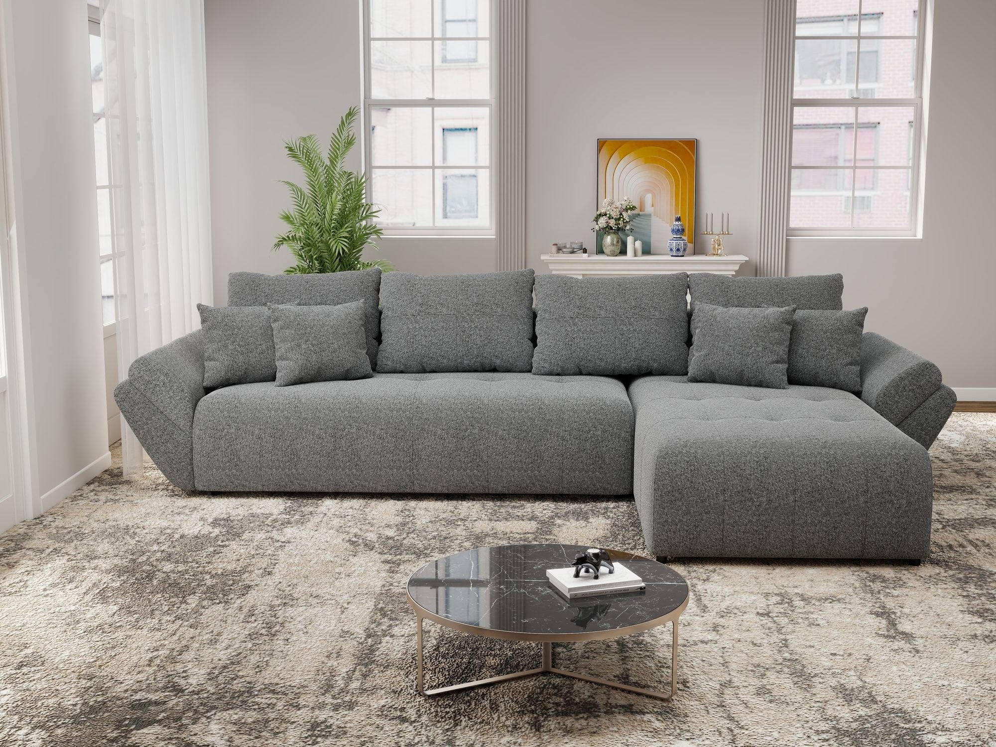 Colțar extensibil dumonde cu ladă de depozitare si sezut confortabil din spuma high-density, Berlin XL Monte Gri 90 II 350x185 cm