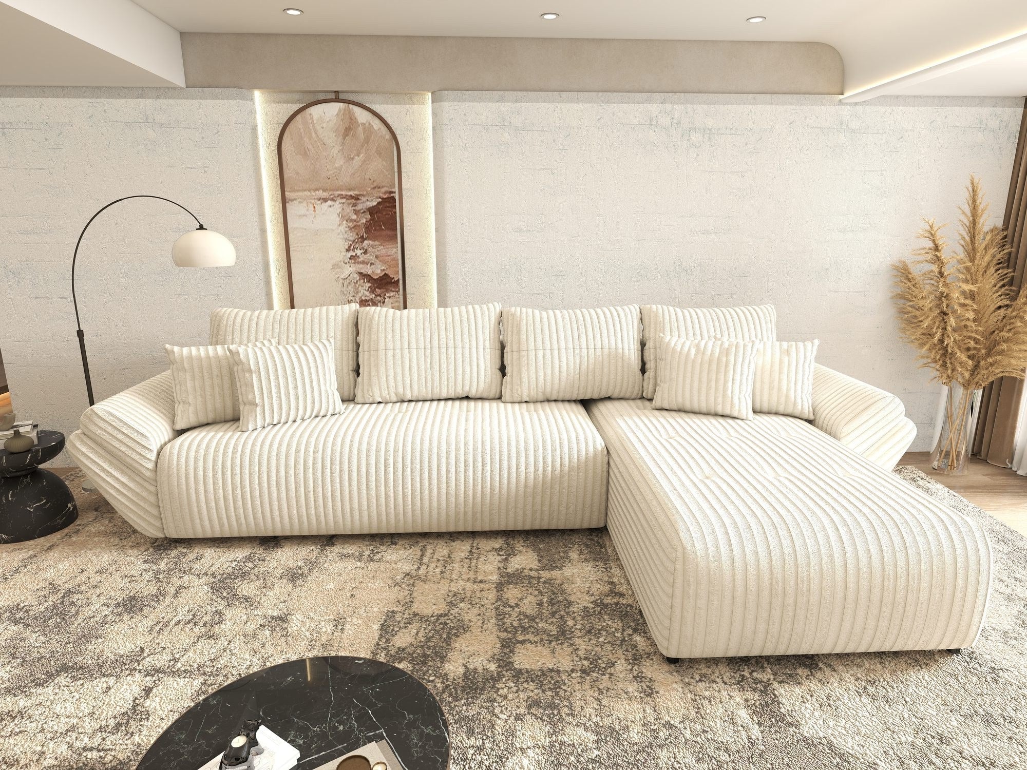 Colțar extensibil dumonde cu ladă de depozitare si sezut confortabil din spuma high-density, Berlin XL Tilia Bej 01 II 350x185 cm