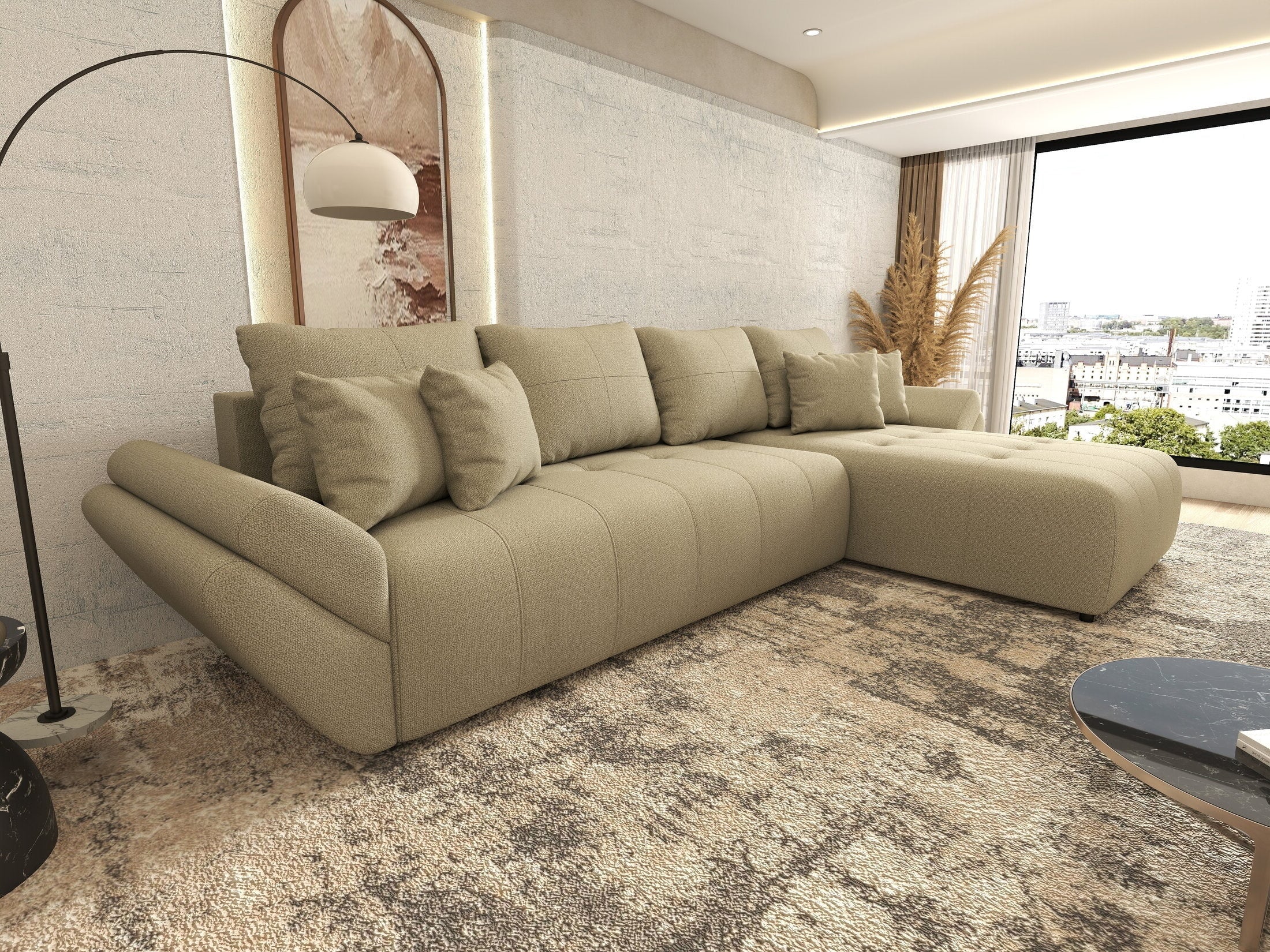 Colțar extensibil dumonde cu ladă de depozitare si sezut confortabil din spuma high-density, Berlin XL Enjoy Camel 350x185 cm II