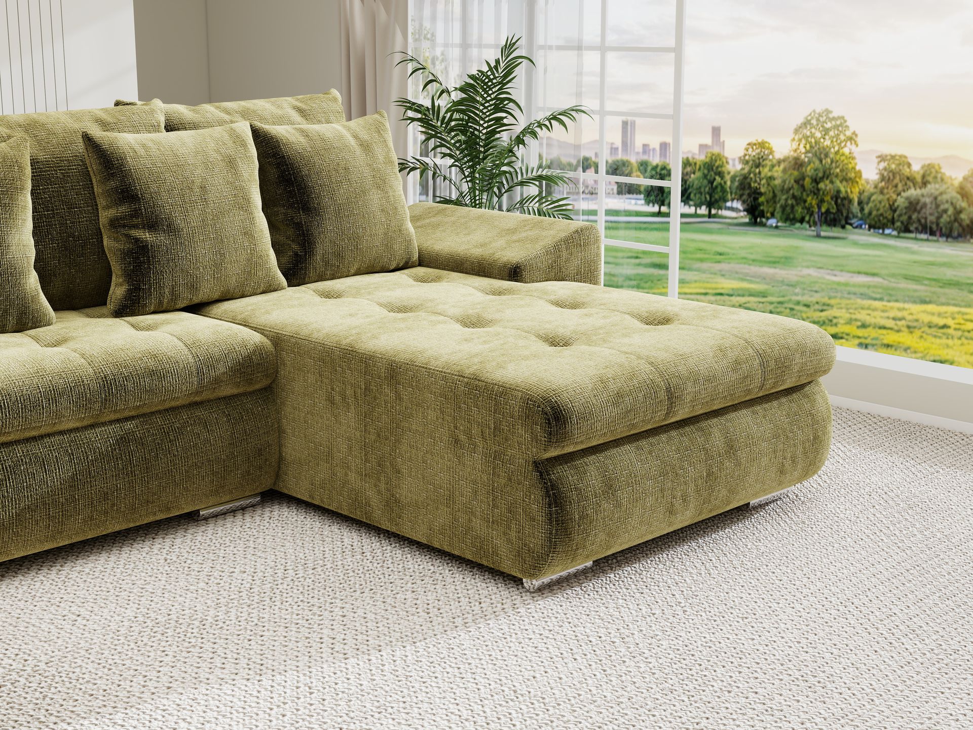 Colțar extensibil dumonde cu ladă de depozitare si sezut confortabil din spuma high-density, Leonardo U Cremona Olive 38 360x185 cm