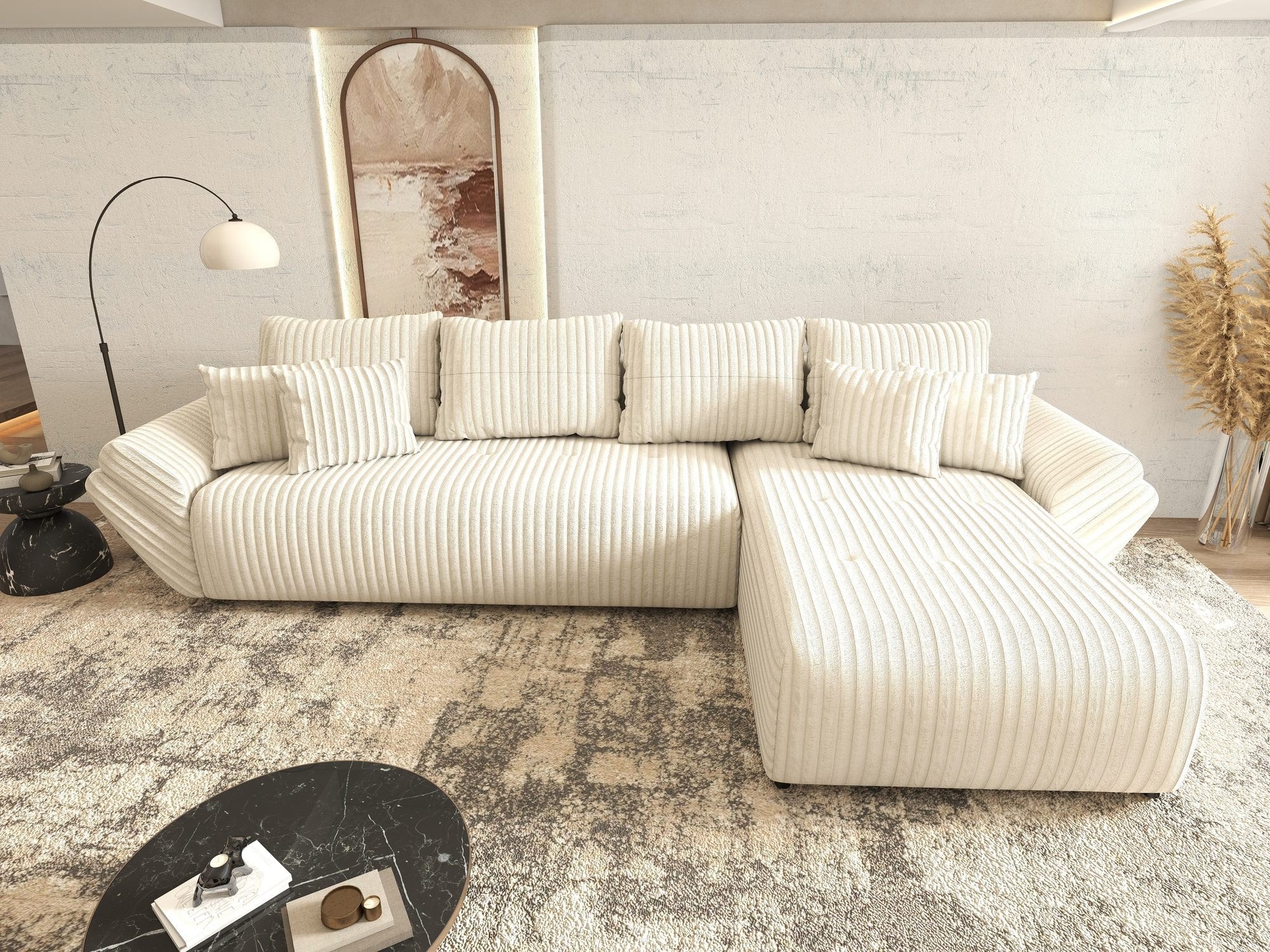 Colțar extensibil dumonde cu ladă de depozitare si sezut confortabil din spuma high-density, Berlin XL Tilia Bej 01 II 350x185 cm