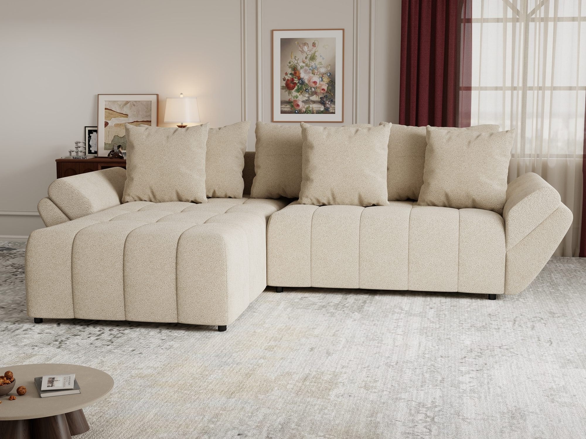 Colțar extensibil dumonde cu ladă de depozitare si sezut confortabil din spuma high-density, Berlin Quelle Bej 05 280x185 cm