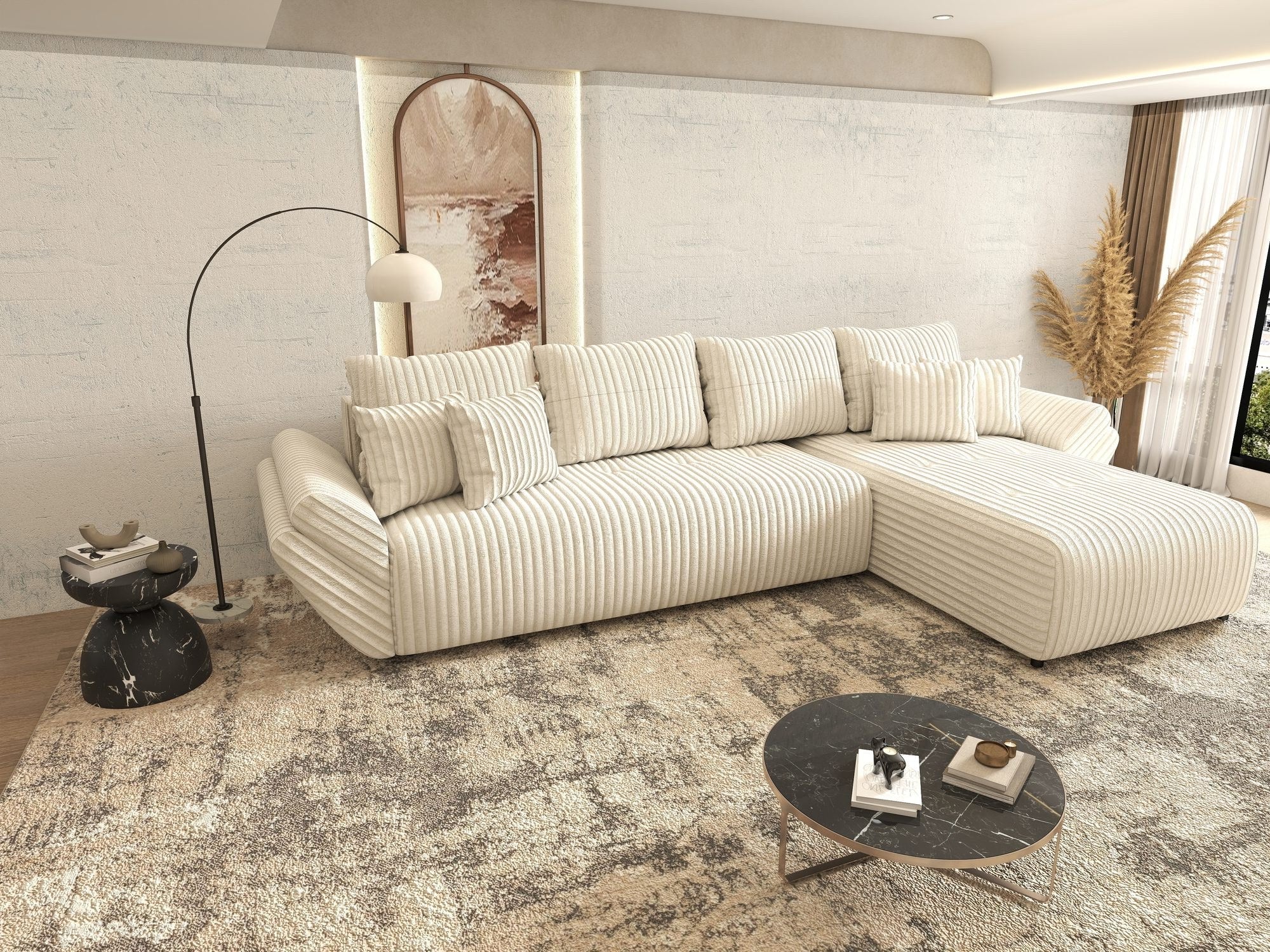 Colțar extensibil dumonde cu ladă de depozitare si sezut confortabil din spuma high-density, Berlin XL Tilia Bej 01 II 350x185 cm