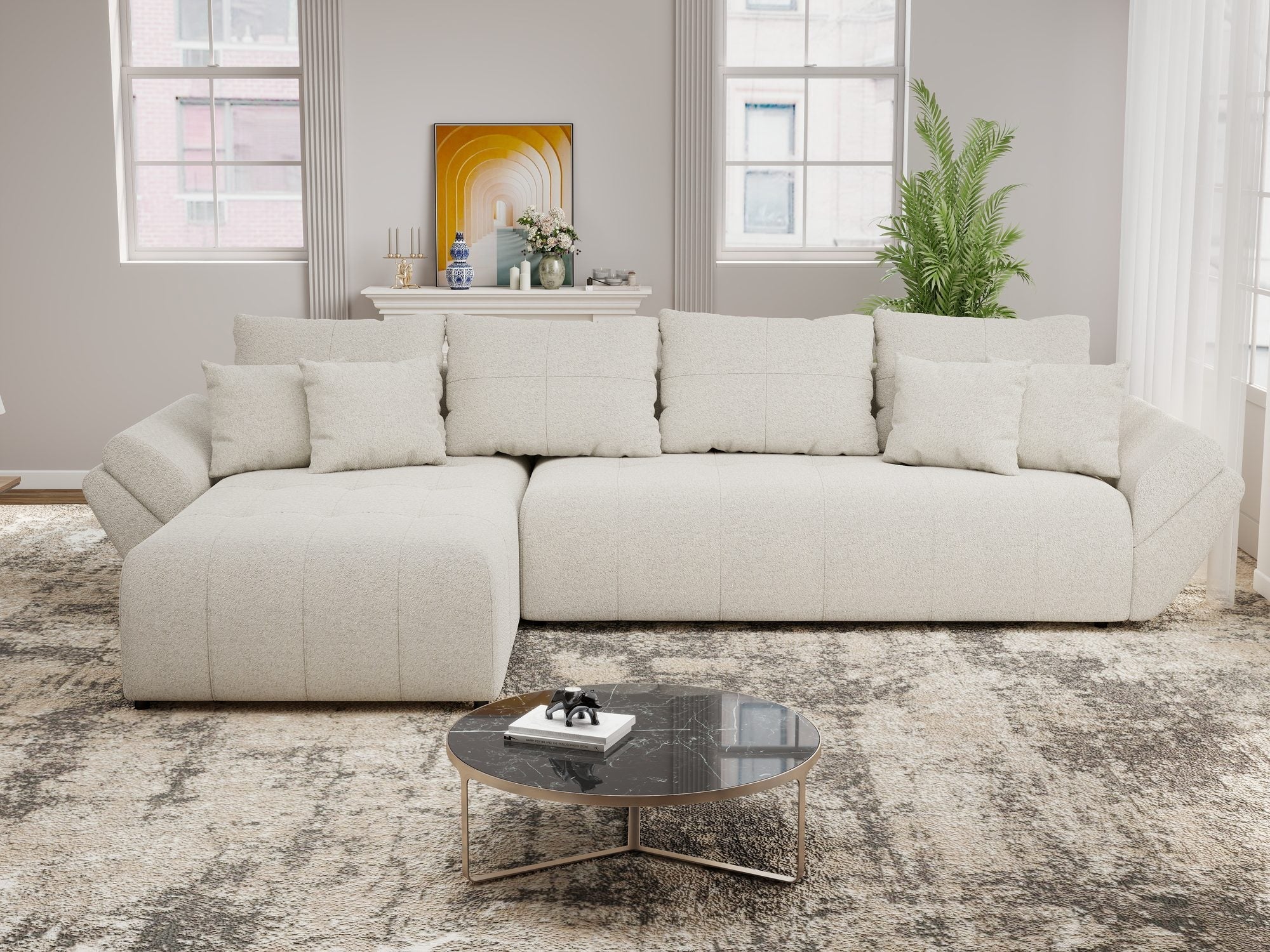 Colțar extensibil dumonde cu ladă de depozitare si sezut confortabil din spuma high-density, Berlin XL Monte Bej 03 350x185 cm