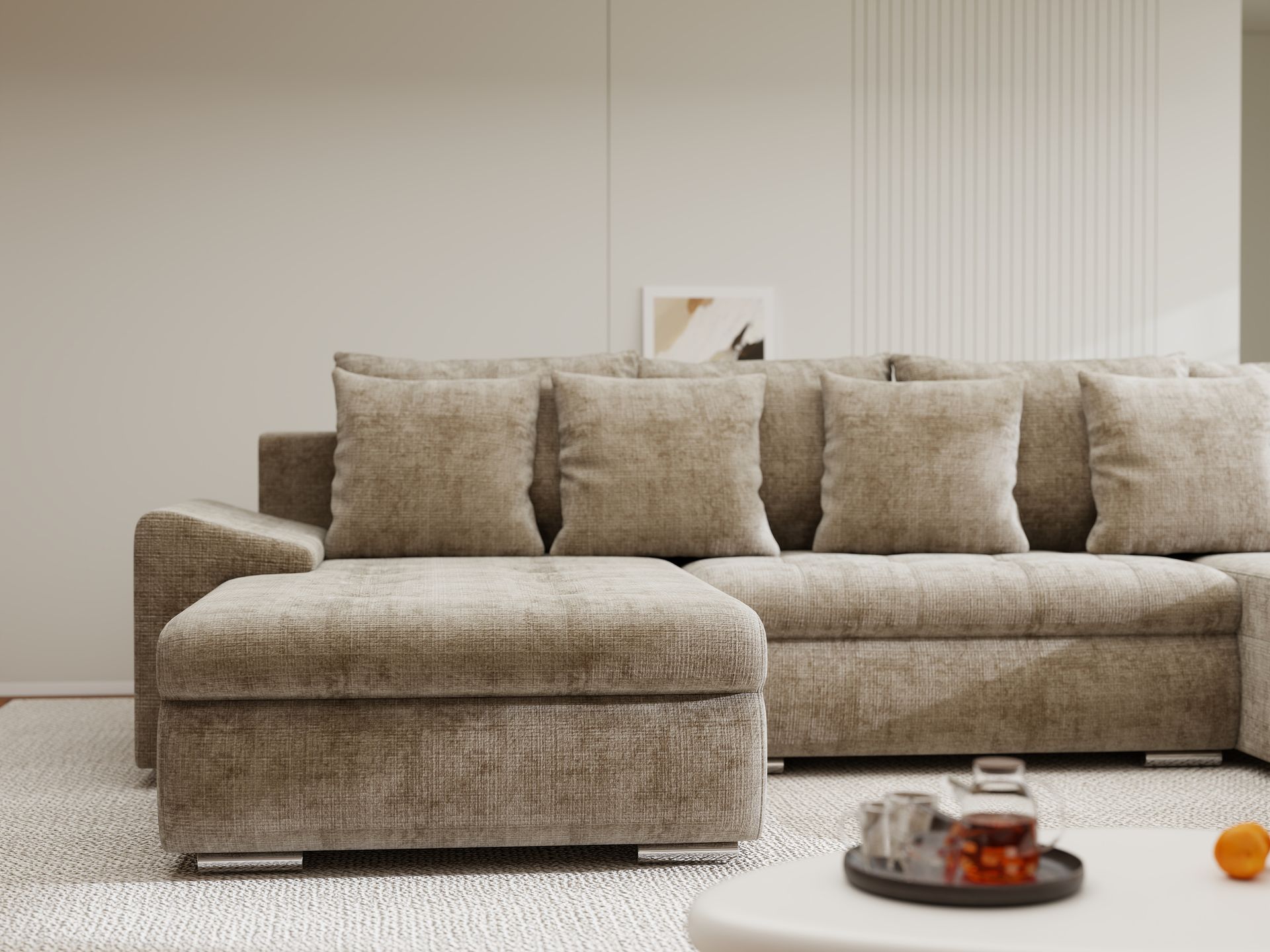 Colțar extensibil dumonde cu ladă de depozitare si sezut confortabil din spuma high-density, Leonardo U Cremona Bej 14 360x185 cm