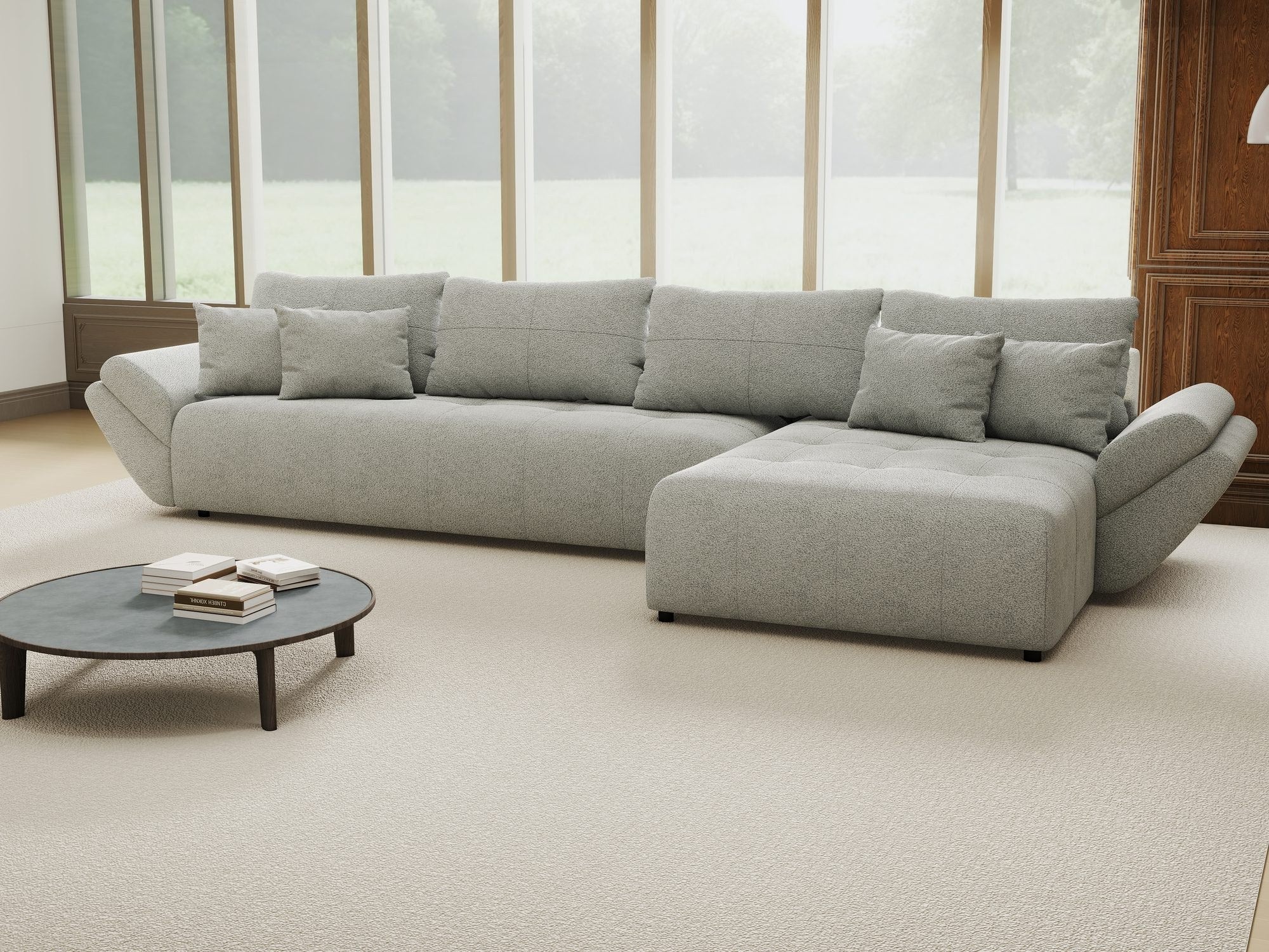 Colțar extensibil dumonde cu ladă de depozitare si sezut confortabil din spuma high-density, Berlin XL Quelle Gri 83 II 350x185 cm
