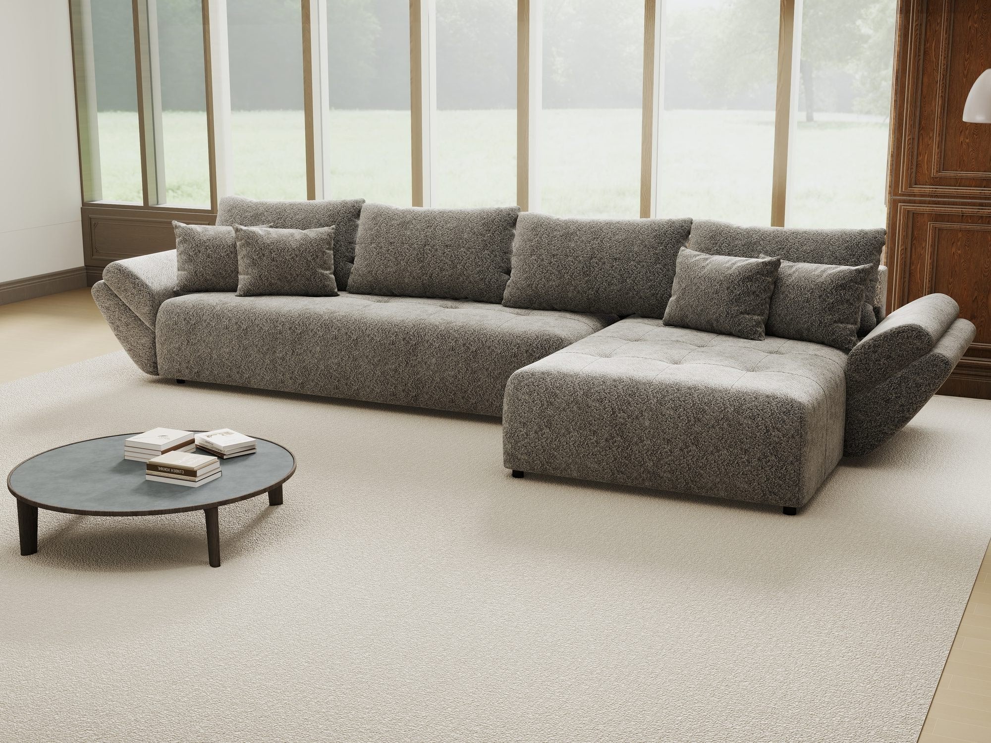 Colțar extensibil dumonde cu ladă de depozitare si sezut confortabil din spuma high-density, Berlin XL Arena Gri Grafit 18 II 350x185 cm