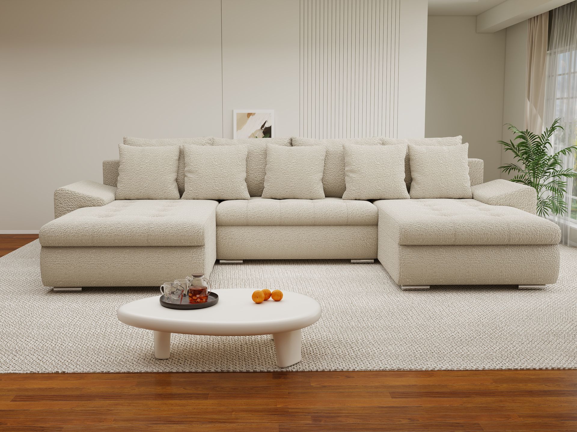 Colțar extensibil dumonde cu ladă de depozitare si sezut confortabil din spuma high-density, Leonardo U Jaguar Bej 04 360x185 cm