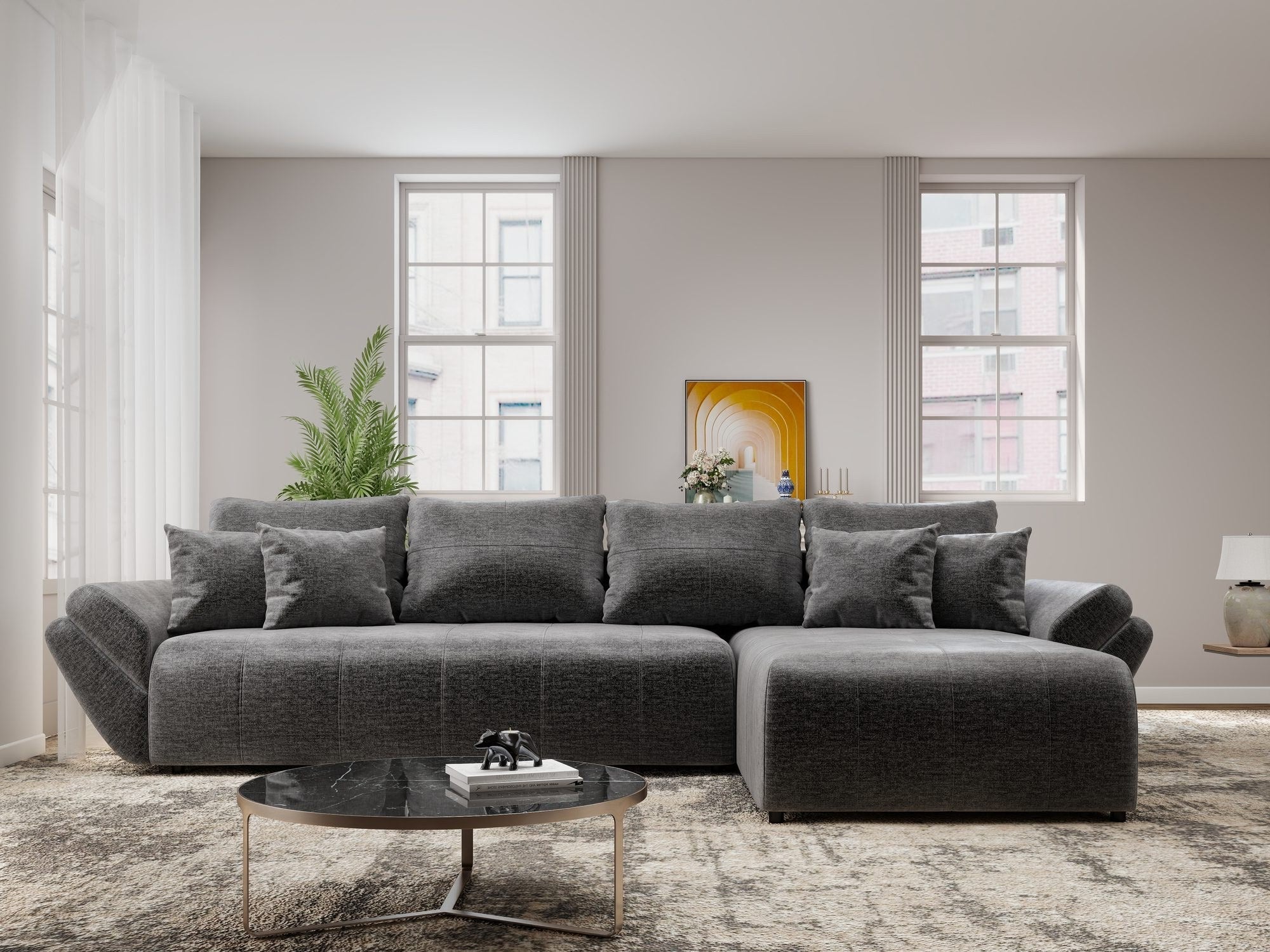 Colțar extensibil dumonde cu ladă de depozitare si sezut confortabil din spuma high-density, Berlin XL Monolith Gri Antracit 97 II 350x185 cm