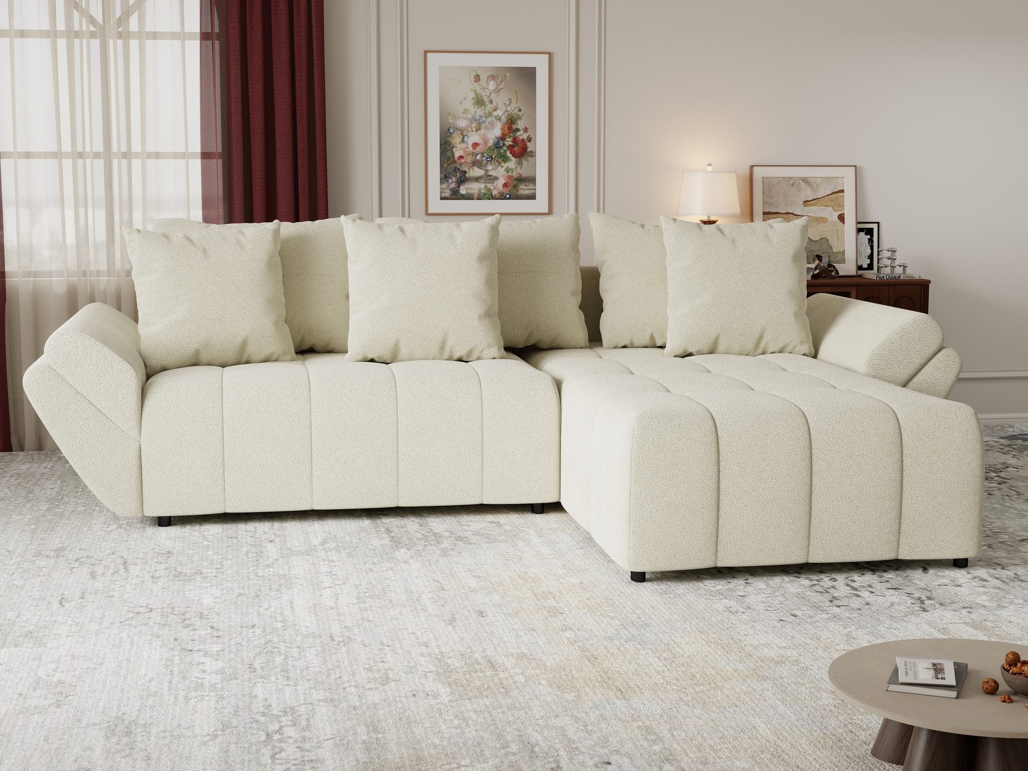 Colțar extensibil dumonde cu ladă de depozitare si sezut confortabil din spuma high-density, Berlin Quelle Bej 02 II 280x185 cm