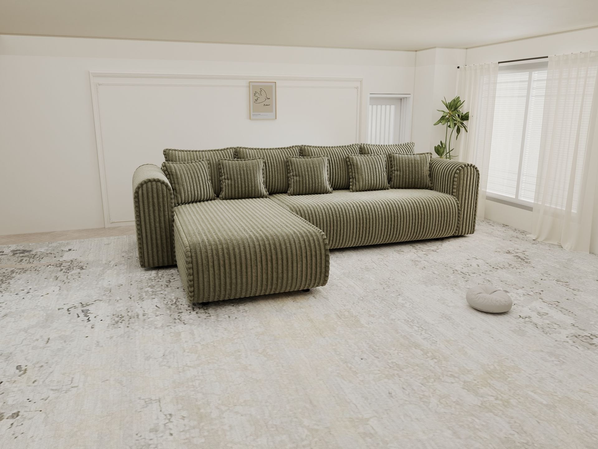 Colțar extensibil dumonde cu ladă de depozitare si sezut confortabil din spuma high-density, Monaco XL Tilia Olive 340x185 cm