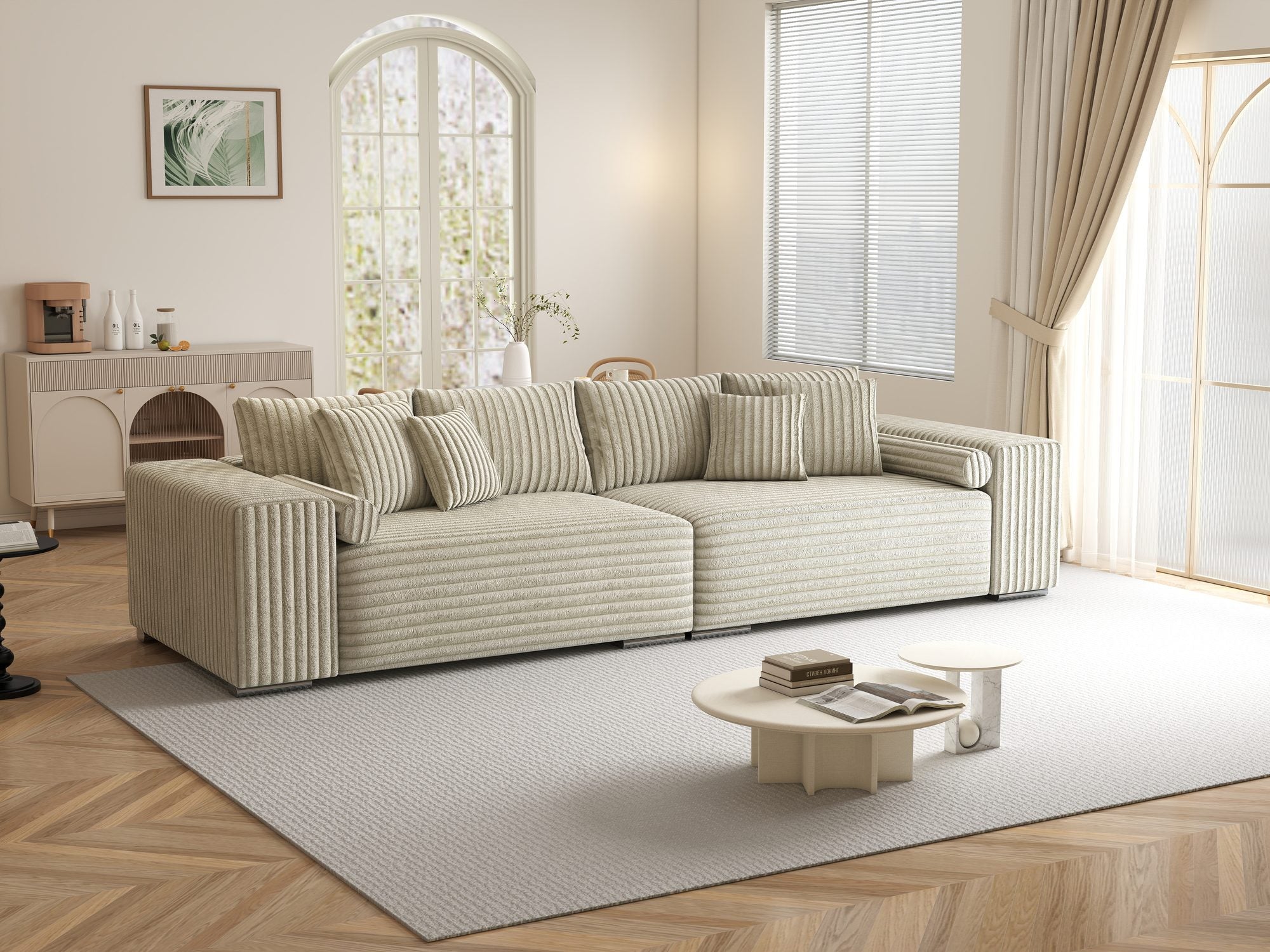 Canapea extensibilă dumonde cu ladă de depozitare si sezut confortabil din spuma high-density, Marbela XXL Tilia Bej 08 290x100 cm