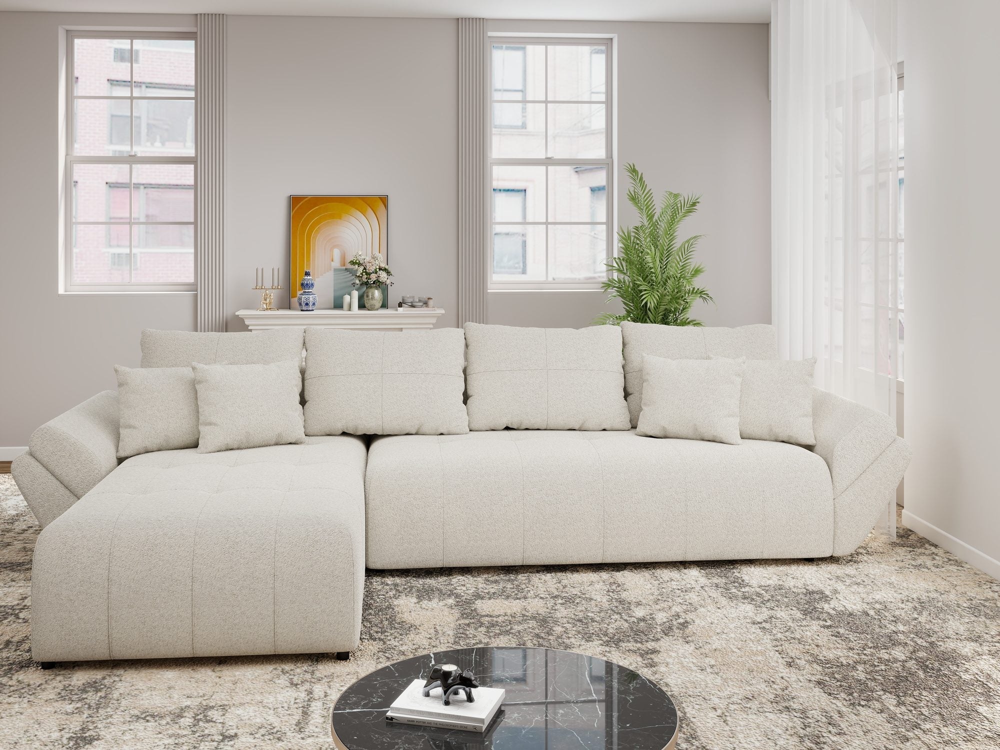 Colțar extensibil dumonde cu ladă de depozitare si sezut confortabil din spuma high-density, Berlin XL Monte Bej 03 350x185 cm