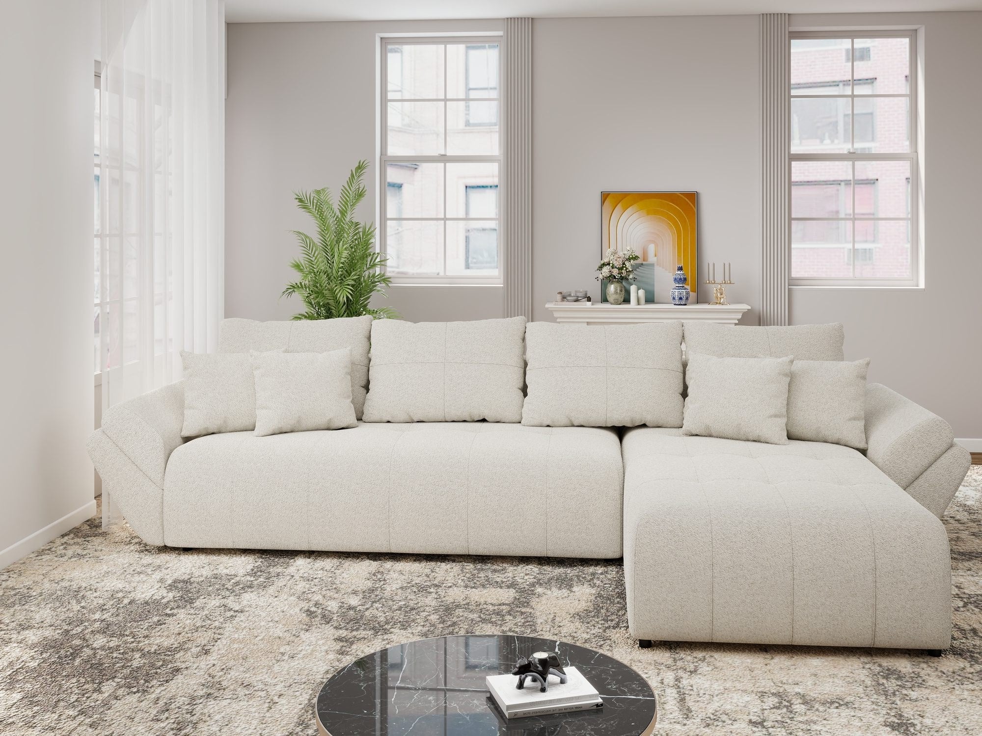 Colțar extensibil dumonde cu ladă de depozitare si sezut confortabil din spuma high-density, Berlin XL Monte Bej 03 II 350x185 cm