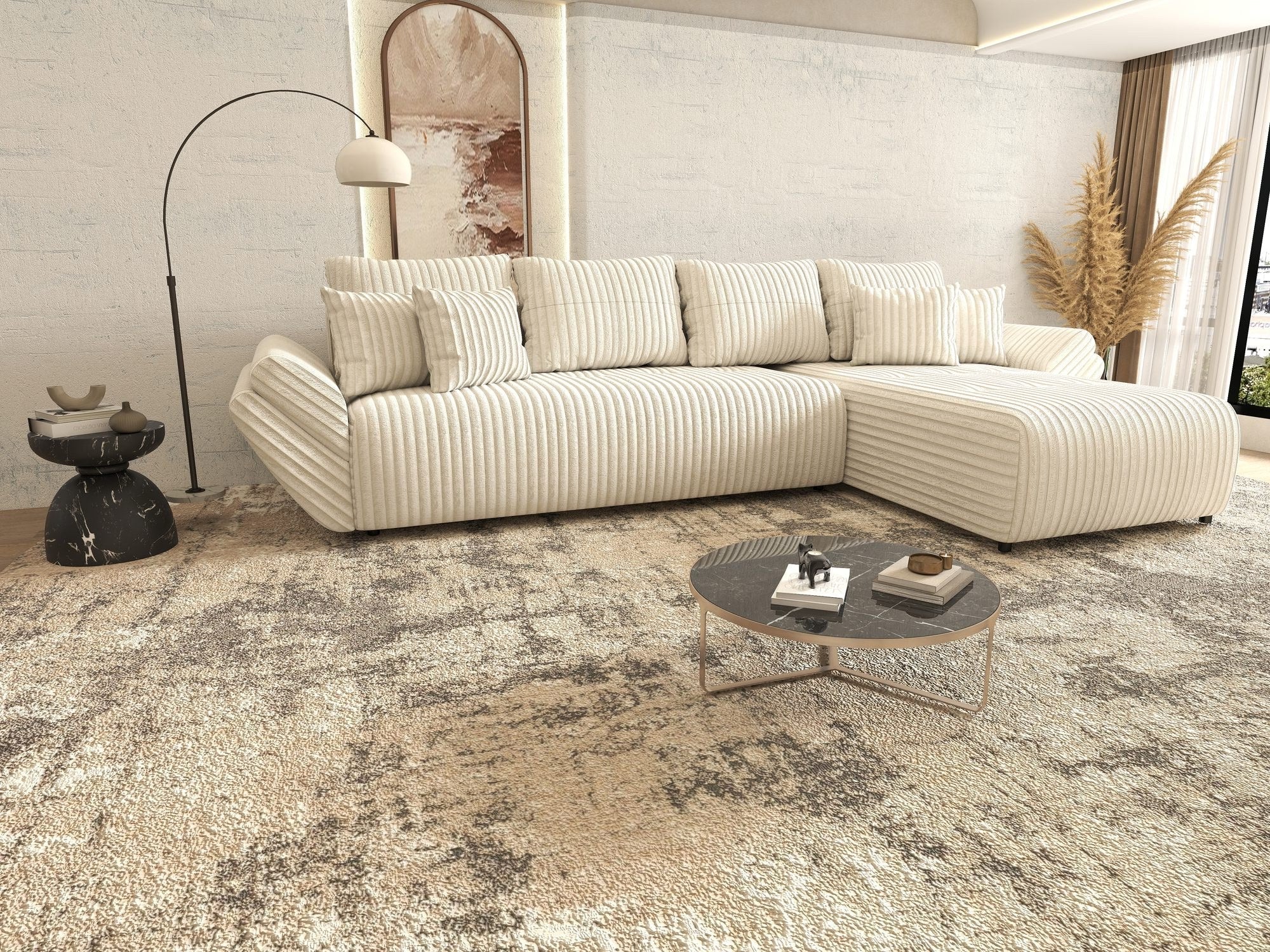 Colțar extensibil dumonde cu ladă de depozitare si sezut confortabil din spuma high-density, Berlin XL Tilia Bej 01 II 350x185 cm