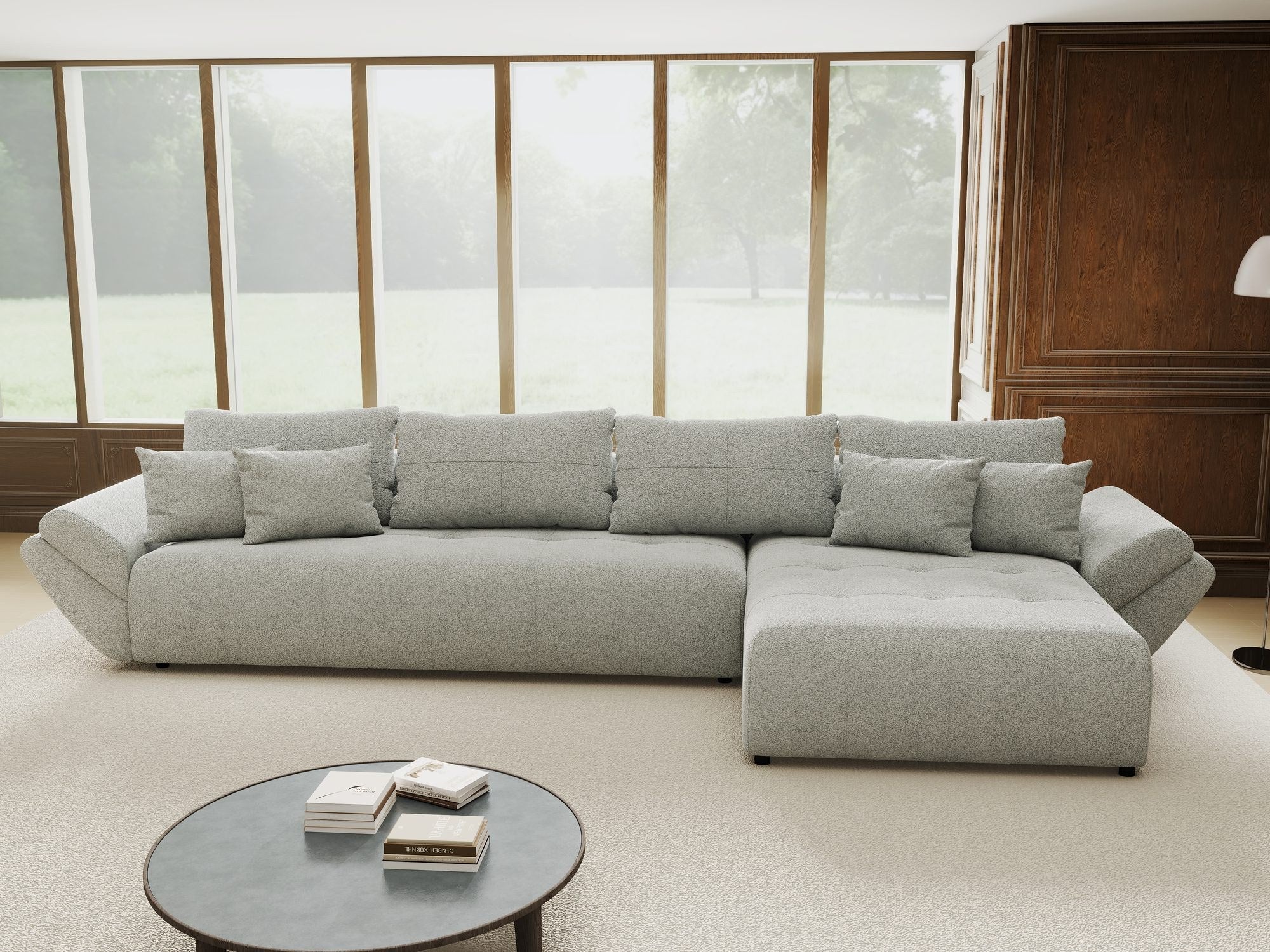 Colțar extensibil dumonde cu ladă de depozitare si sezut confortabil din spuma high-density, Berlin XL Quelle Gri 83 II 350x185 cm