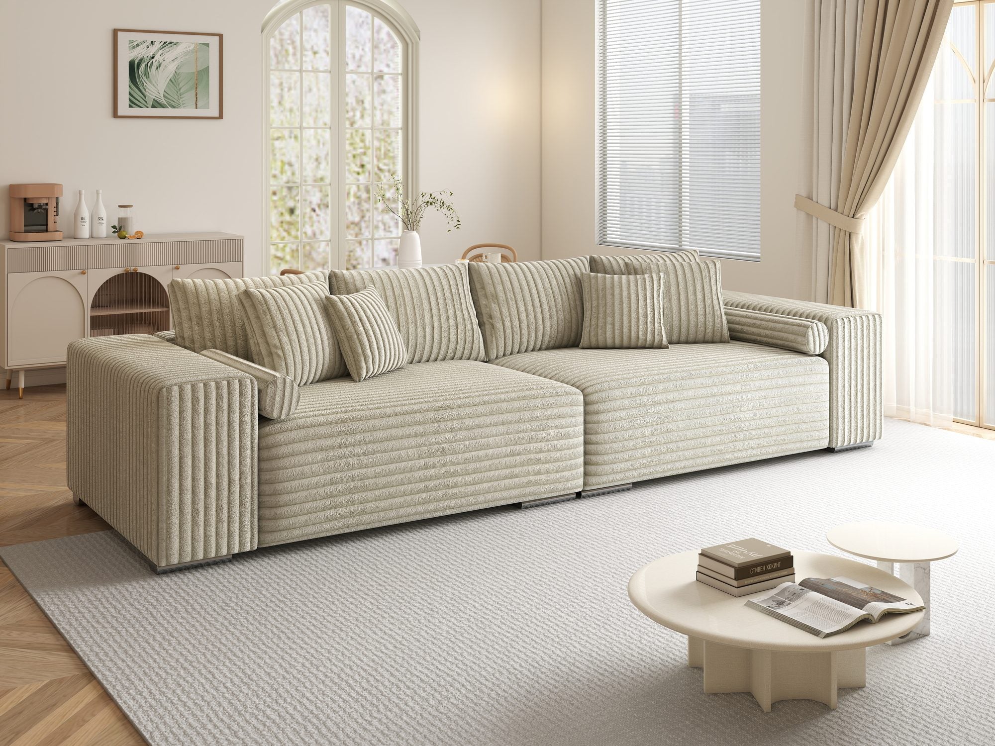 Canapea extensibilă dumonde cu ladă de depozitare si sezut confortabil din spuma high-density, Marbela XXL Tilia Bej 08 290x100 cm