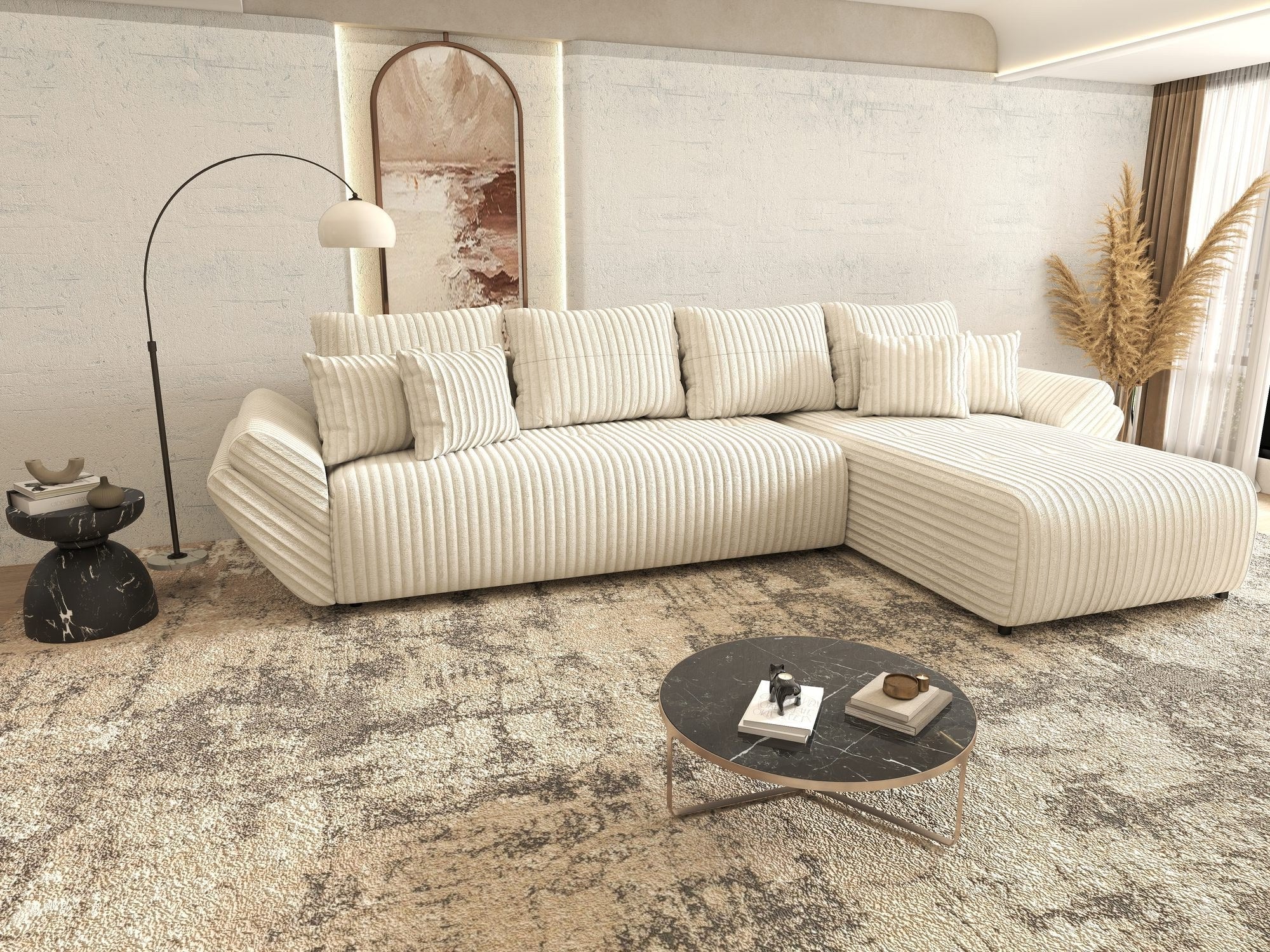 Colțar extensibil dumonde cu ladă de depozitare si sezut confortabil din spuma high-density, Berlin XL Tilia Bej 01 II 350x185 cm
