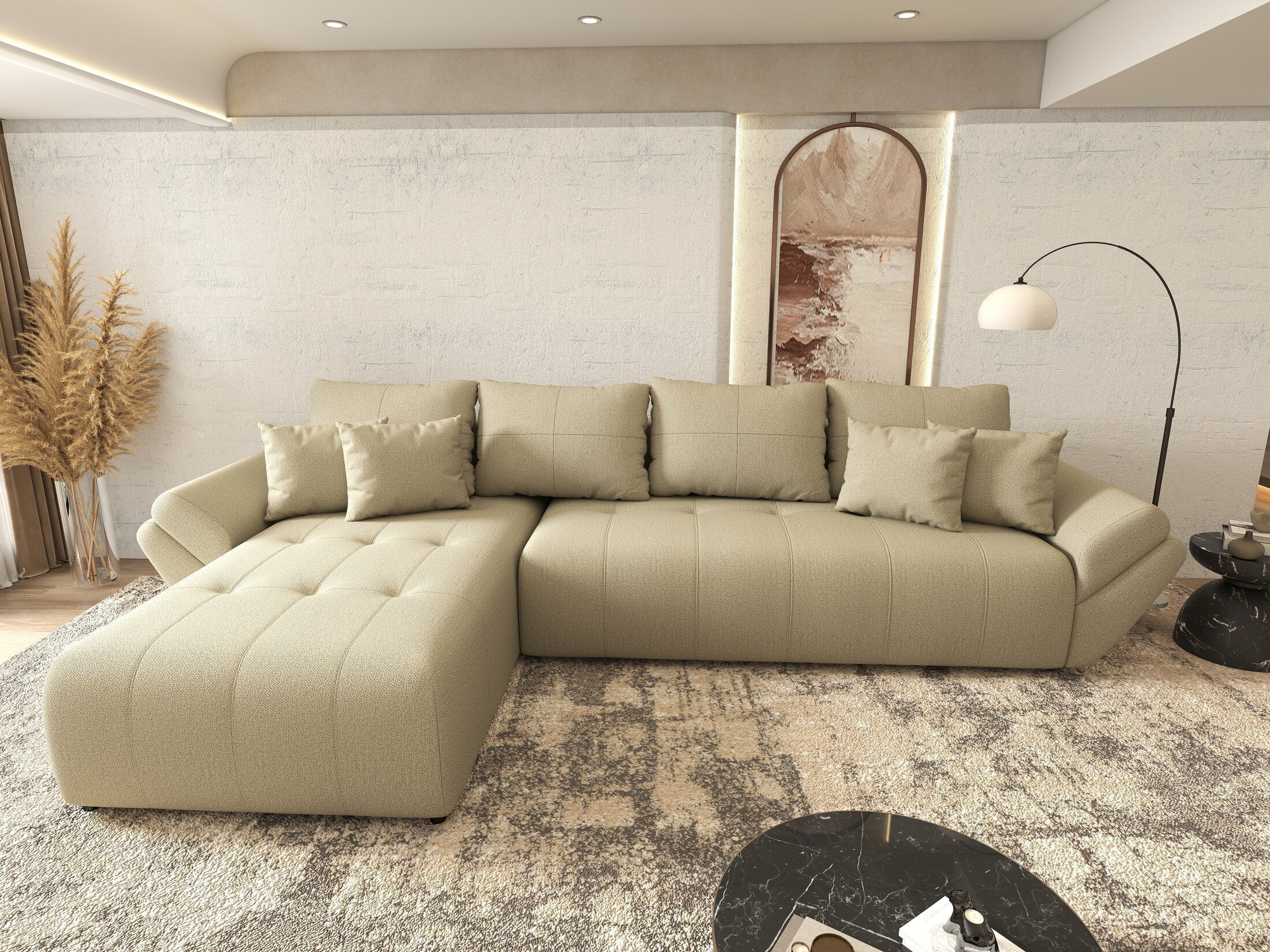 Colțar extensibil dumonde cu ladă de depozitare si sezut confortabil din spuma high-density, Berlin XL Enjoy Camel 350x185 cm