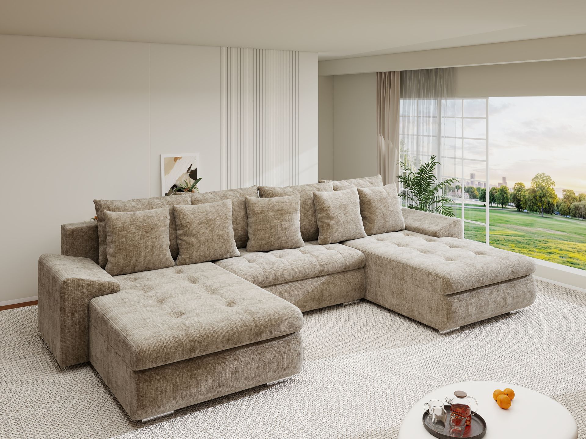 Colțar extensibil dumonde cu ladă de depozitare si sezut confortabil din spuma high-density, Leonardo U Cremona Bej 14 360x185 cm