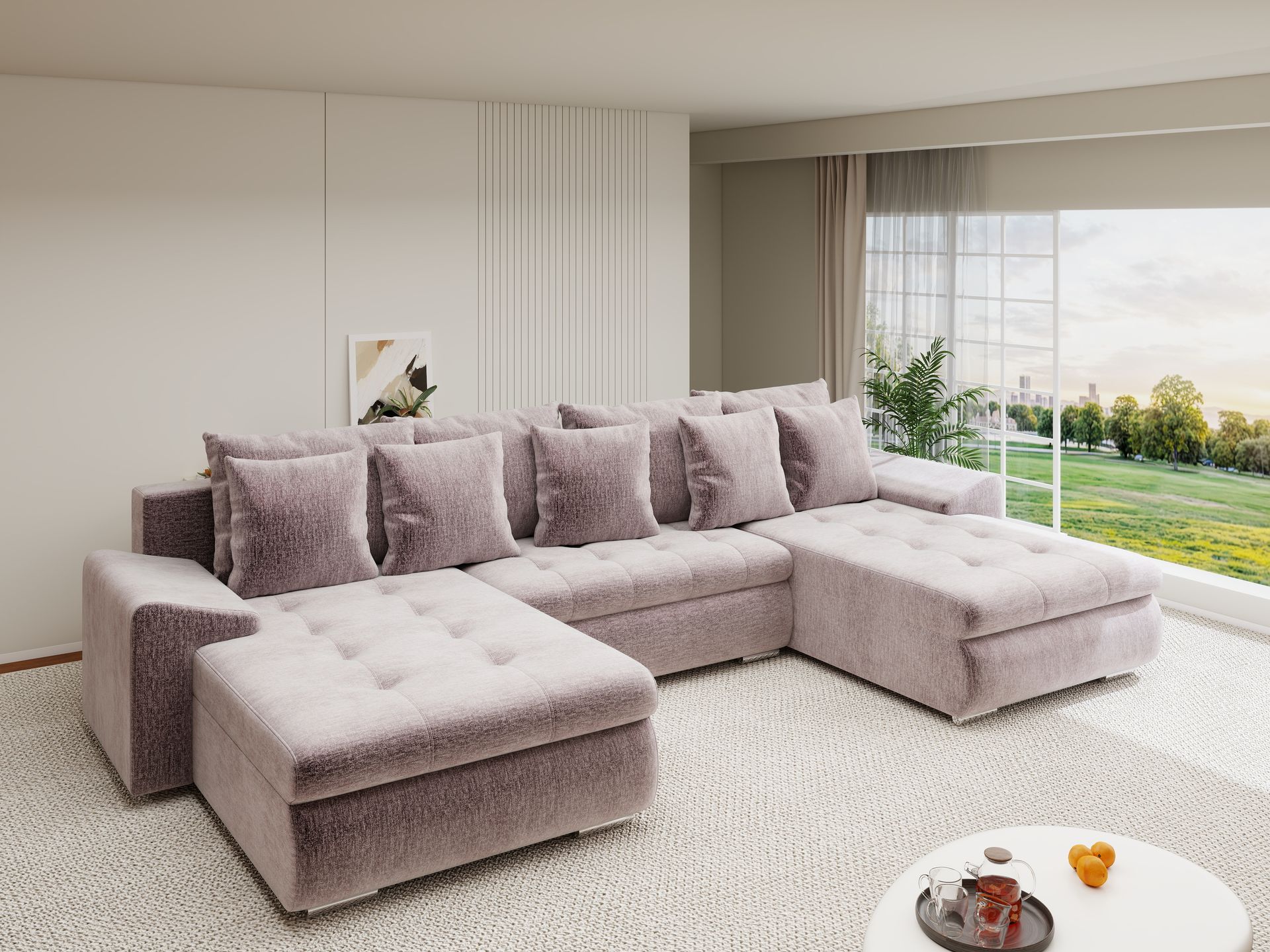 Colțar extensibil dumonde cu ladă de depozitare si sezut confortabil din spuma high-density, Leonardo U Monolith Roz Pudrat 62 360x185 cm
