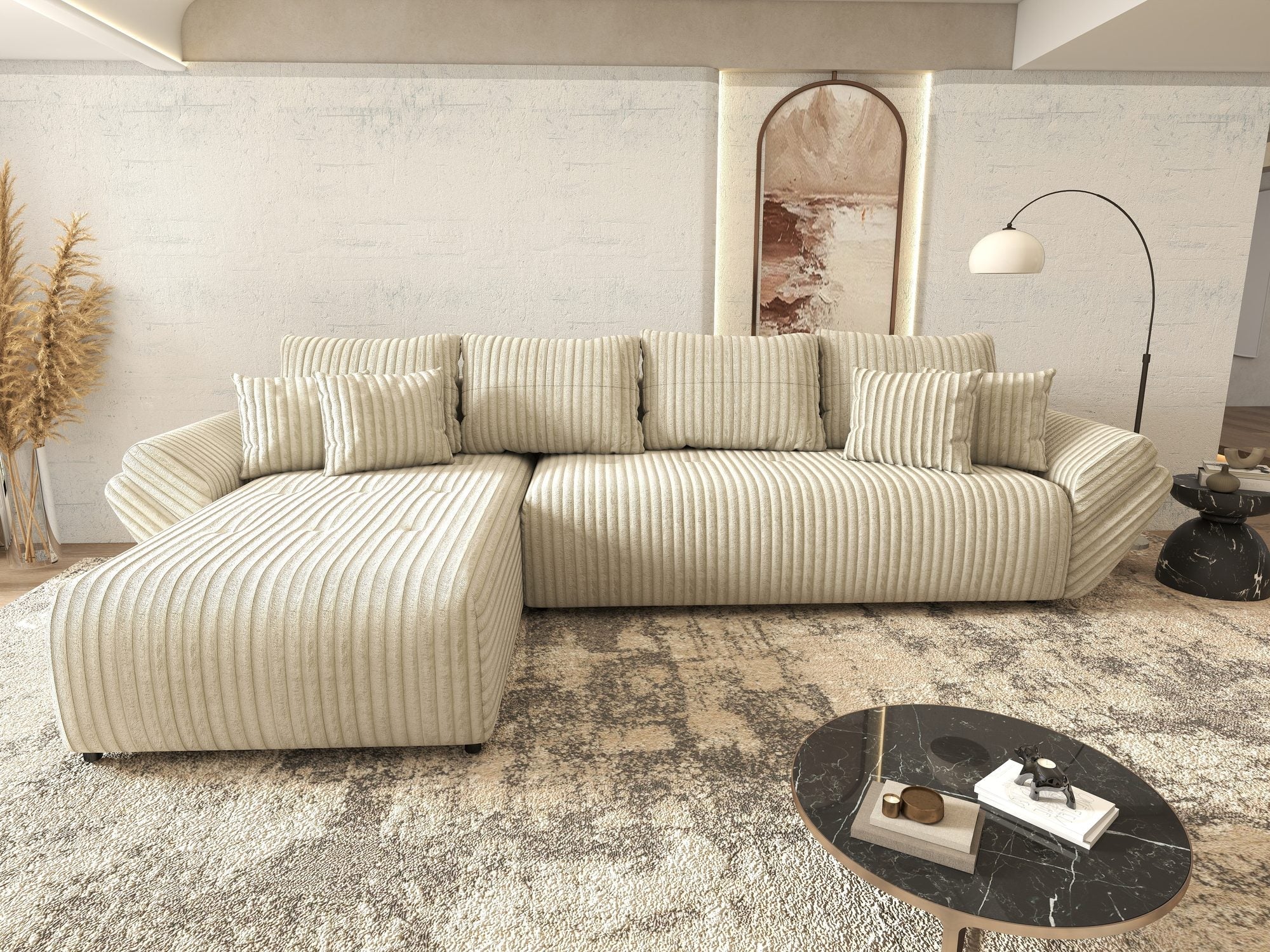 Colțar extensibil dumonde cu ladă de depozitare si sezut confortabil din spuma high-density, Berlin XL Tilia Bej 08 350x185 cm