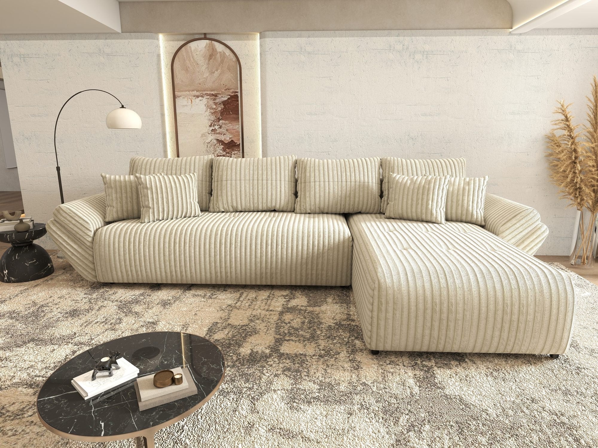 Colțar extensibil dumonde cu ladă de depozitare si sezut confortabil din spuma high-density, Berlin XL Tilia Bej 08 II 350x185 cm