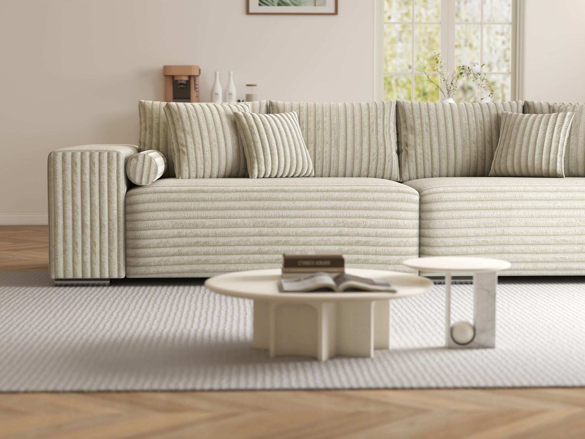 Canapea extensibilă dumonde cu ladă de depozitare si sezut confortabil din spuma high-density, Marbela XXL Tilia Bej 08 290x100 cm
