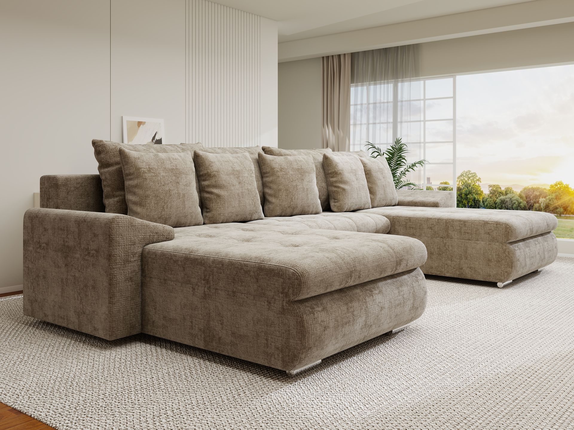 Colțar extensibil dumonde cu ladă de depozitare si sezut confortabil din spuma high-density, Leonardo U Cremona Bej 14 360x185 cm
