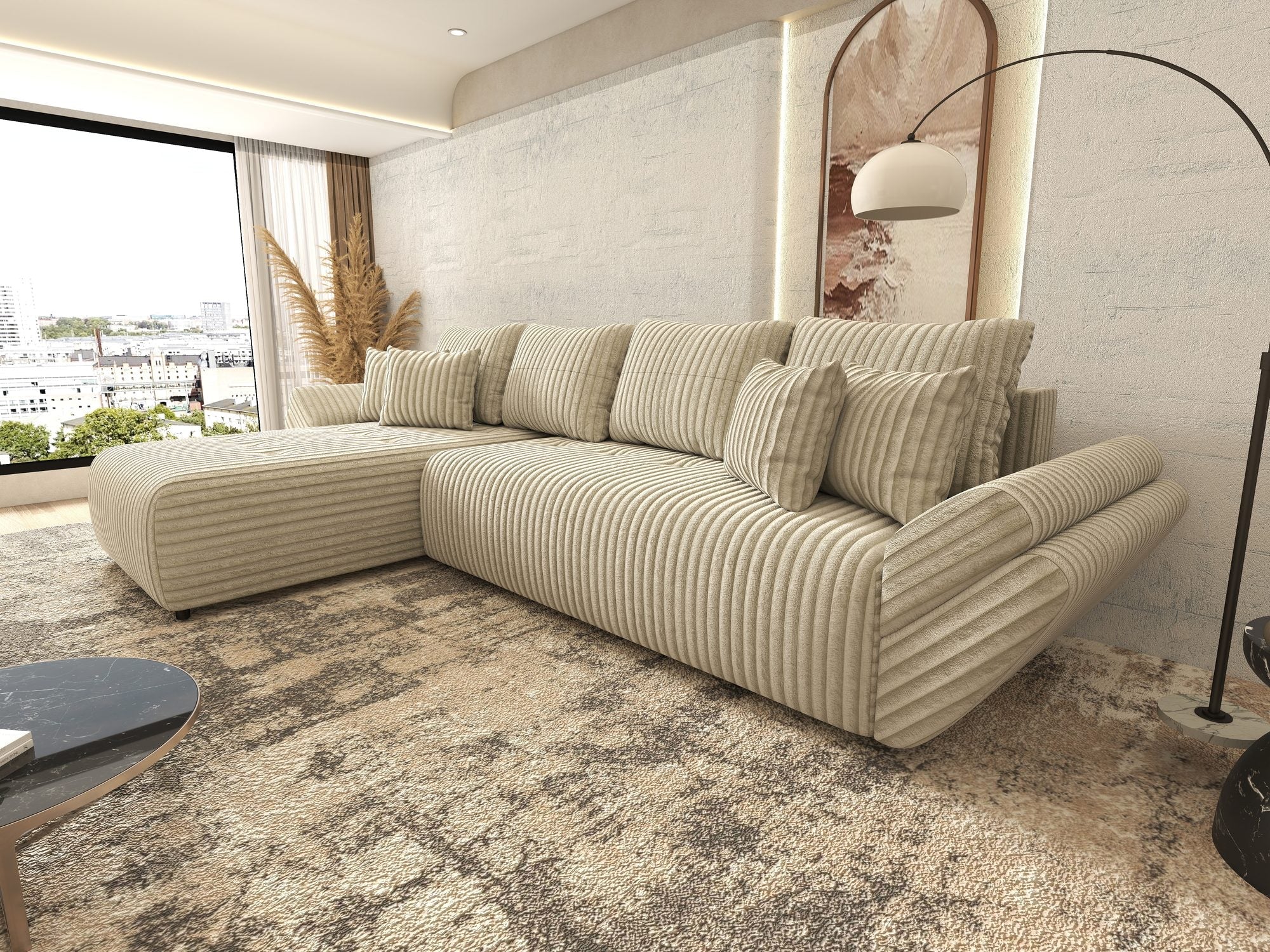 Colțar extensibil dumonde cu ladă de depozitare si sezut confortabil din spuma high-density, Berlin XL Tilia Bej 08 350x185 cm